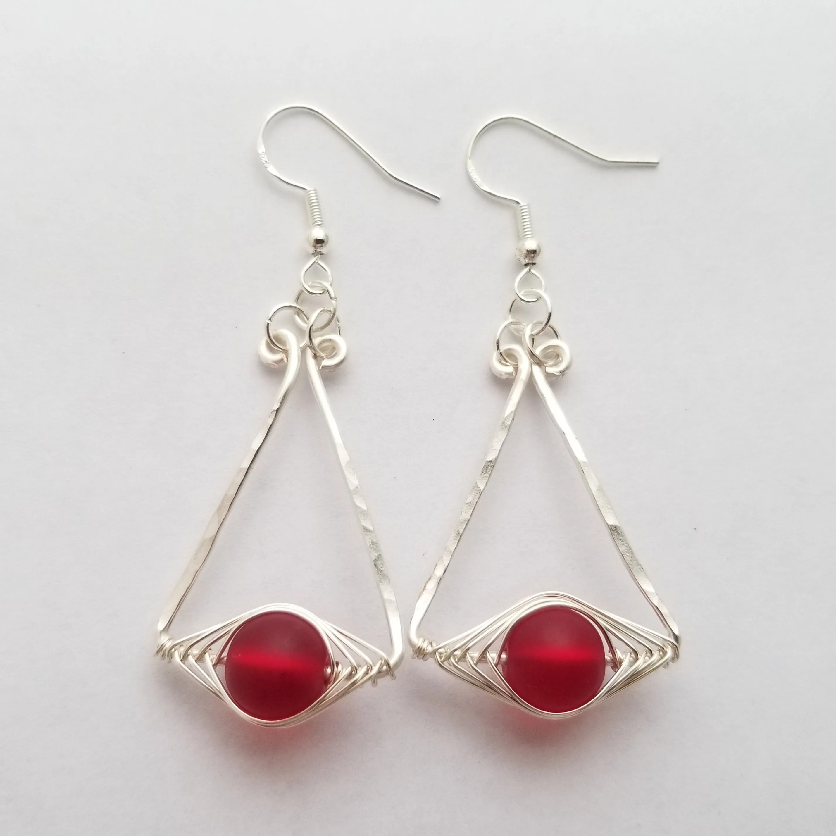 Hawaiian Jewelry Sea Glass Earrings, Wire "Cat Eye" Ruby Red Earrings, Beachy Girls Sea Glass Jewelry Birthday Gift(July Birthstone Jewelry)