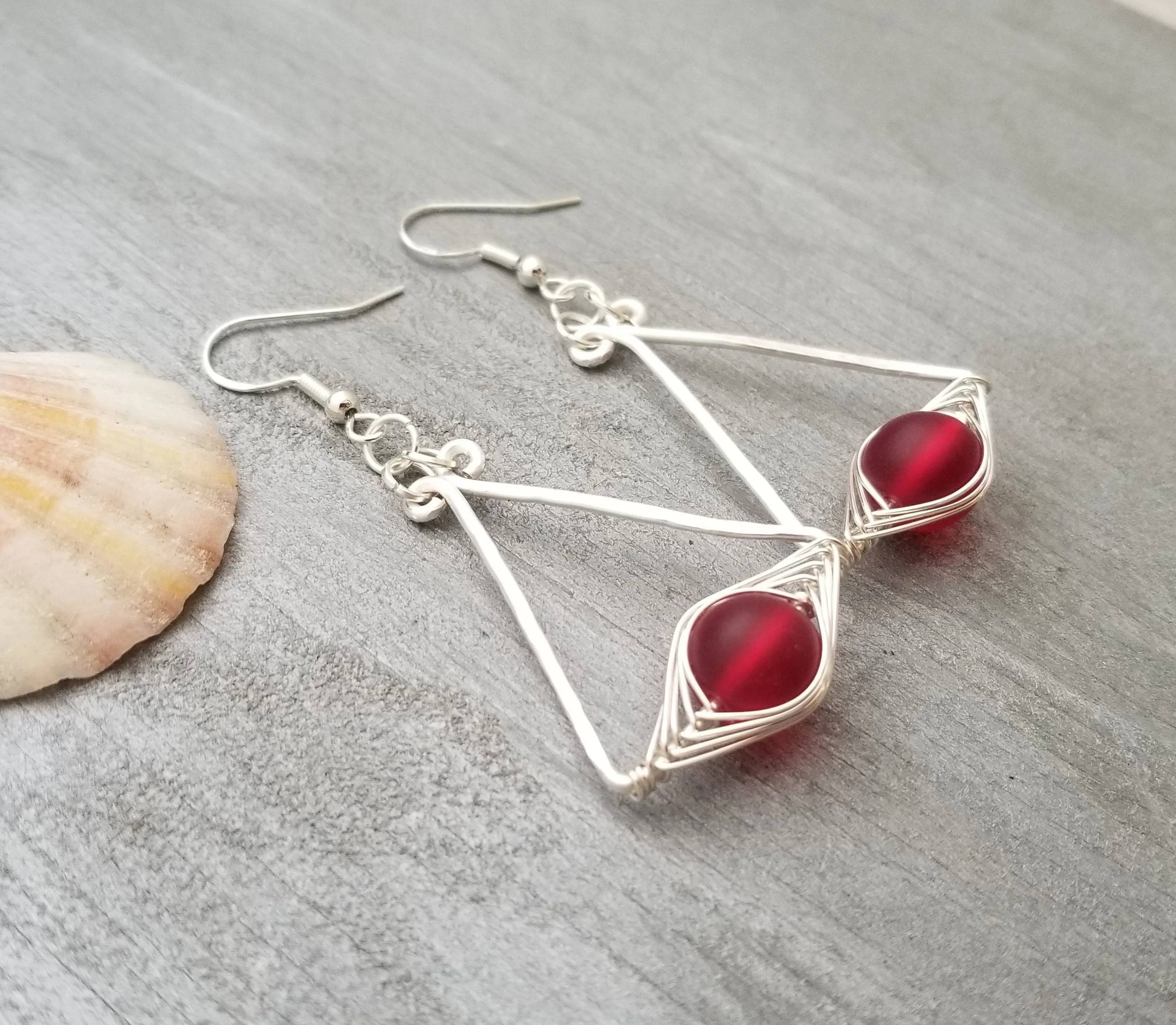 Hawaiian Jewelry Sea Glass Earrings, Wire "Cat Eye" Ruby Red Earrings, Beachy Girls Sea Glass Jewelry Birthday Gift(July Birthstone Jewelry)