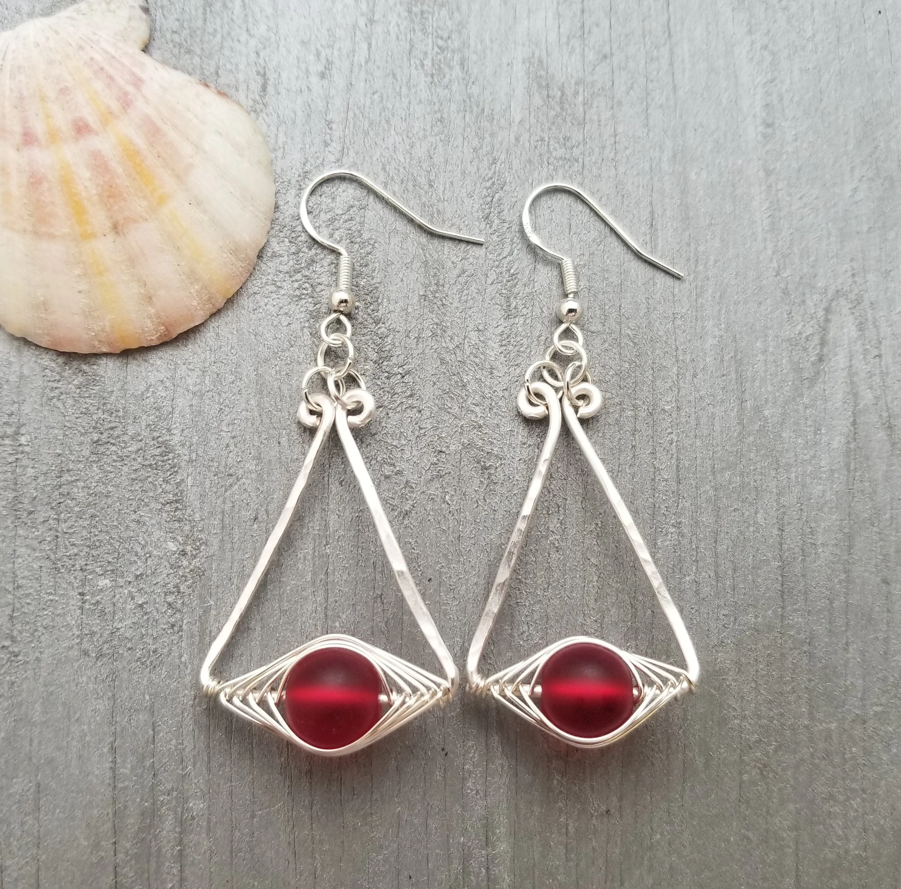 Hawaiian Jewelry Sea Glass Earrings, Wire "Cat Eye" Ruby Red Earrings, Beachy Girls Sea Glass Jewelry Birthday Gift(July Birthstone Jewelry)