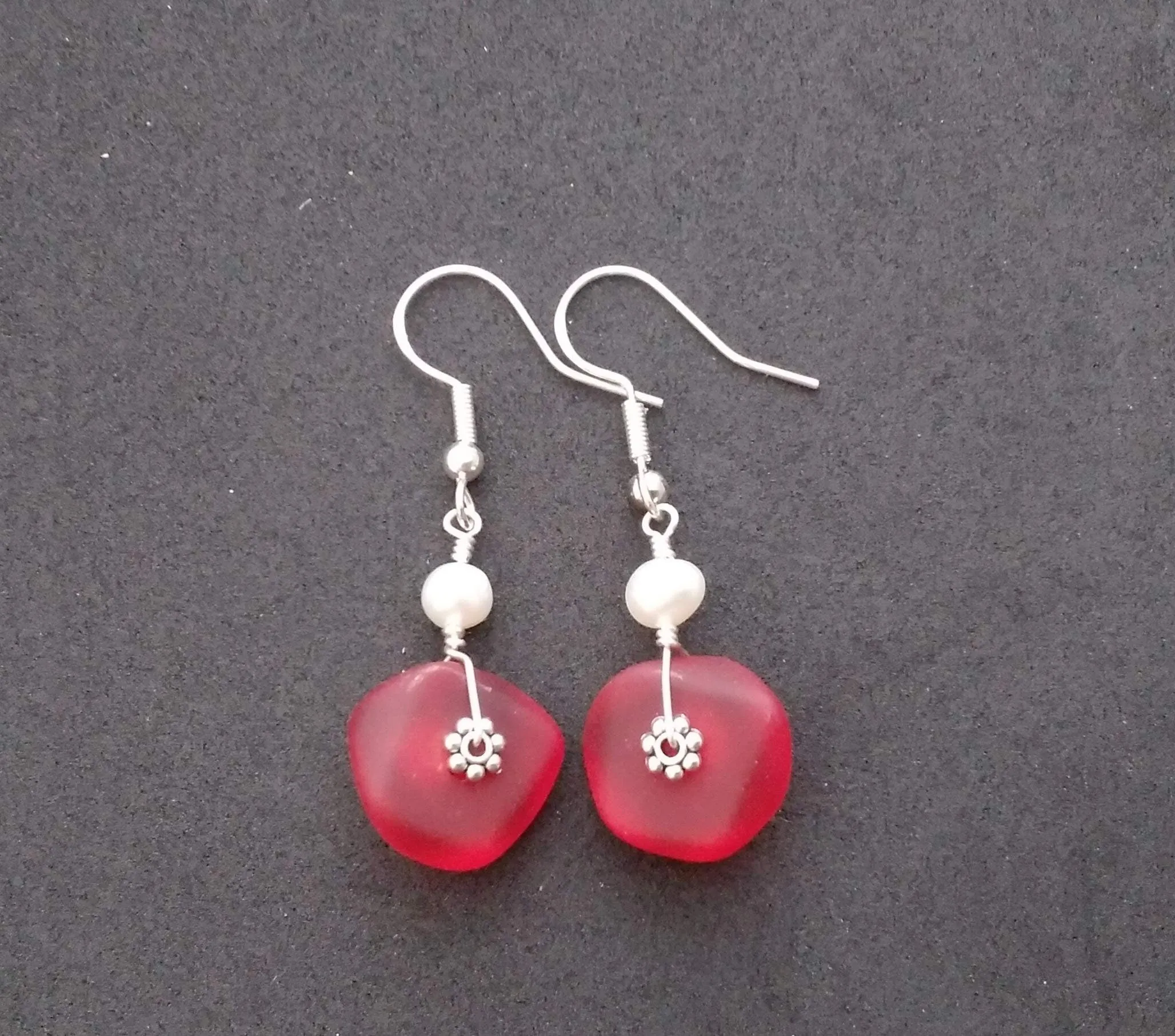 Hawaiian Jewelry Sea Glass Earrings, Wire Red Earrings Pearl Earrings, Sea Glass Jewelry Beach Jewelry (January Birthstone Jewelry Gift)