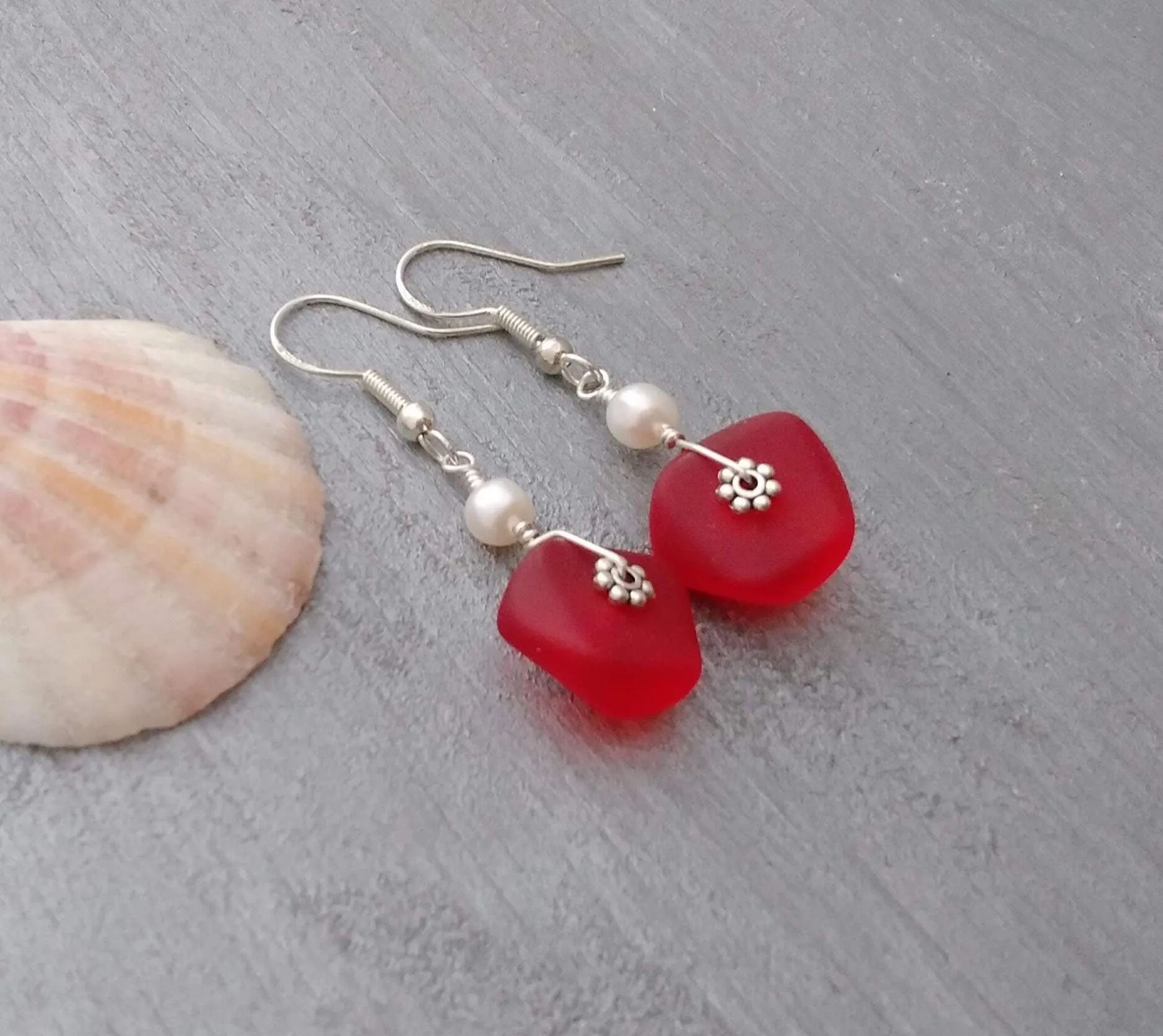 Hawaiian Jewelry Sea Glass Earrings, Wire Red Earrings Pearl Earrings, Sea Glass Jewelry Beach Jewelry (January Birthstone Jewelry Gift)