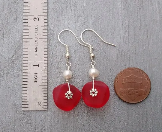 Hawaiian Jewelry Sea Glass Earrings, Wire Red Earrings Pearl Earrings, Sea Glass Jewelry Beach Jewelry (January Birthstone Jewelry Gift)