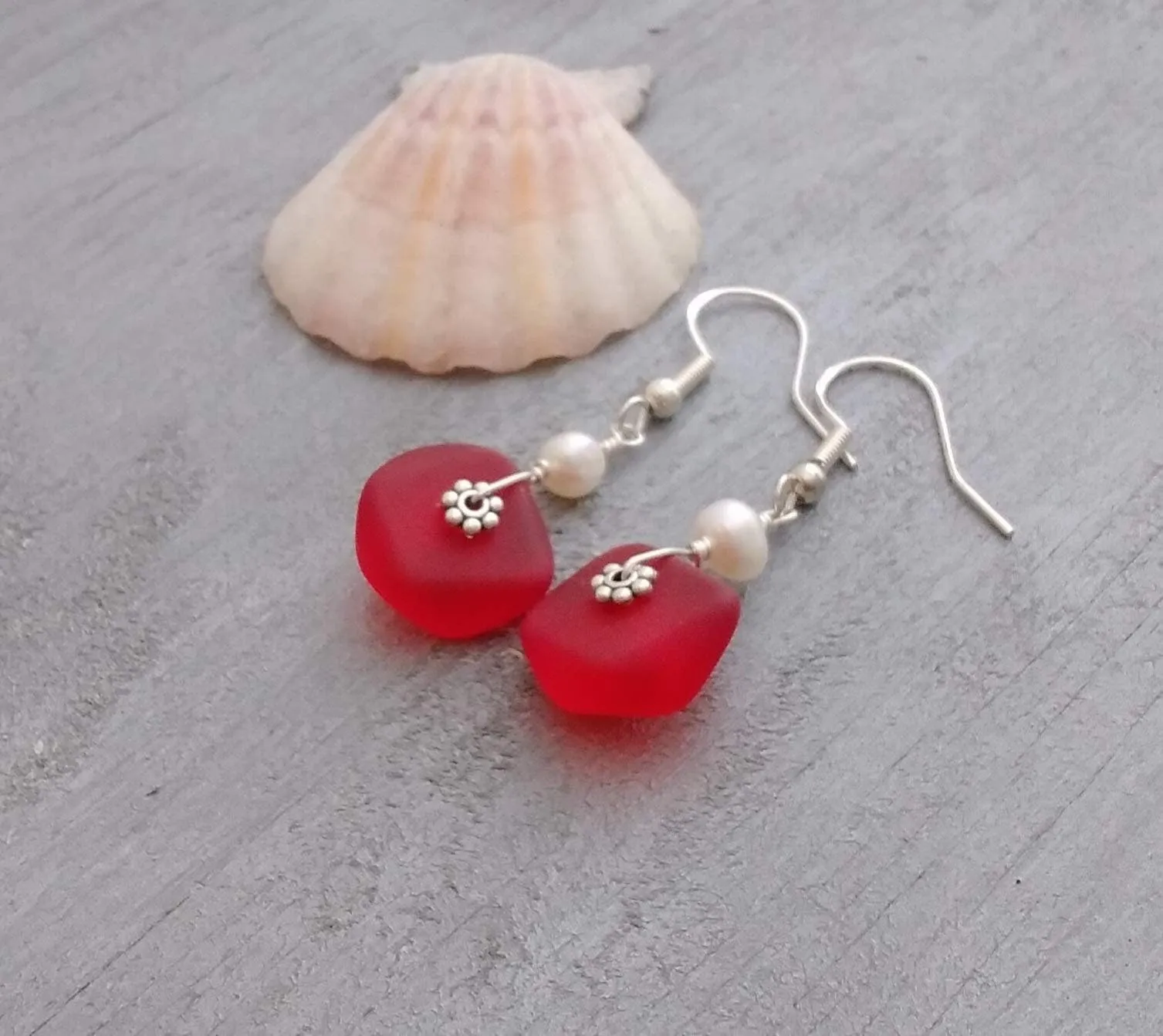 Hawaiian Jewelry Sea Glass Earrings, Wire Red Earrings Pearl Earrings, Sea Glass Jewelry Beach Jewelry (January Birthstone Jewelry Gift)