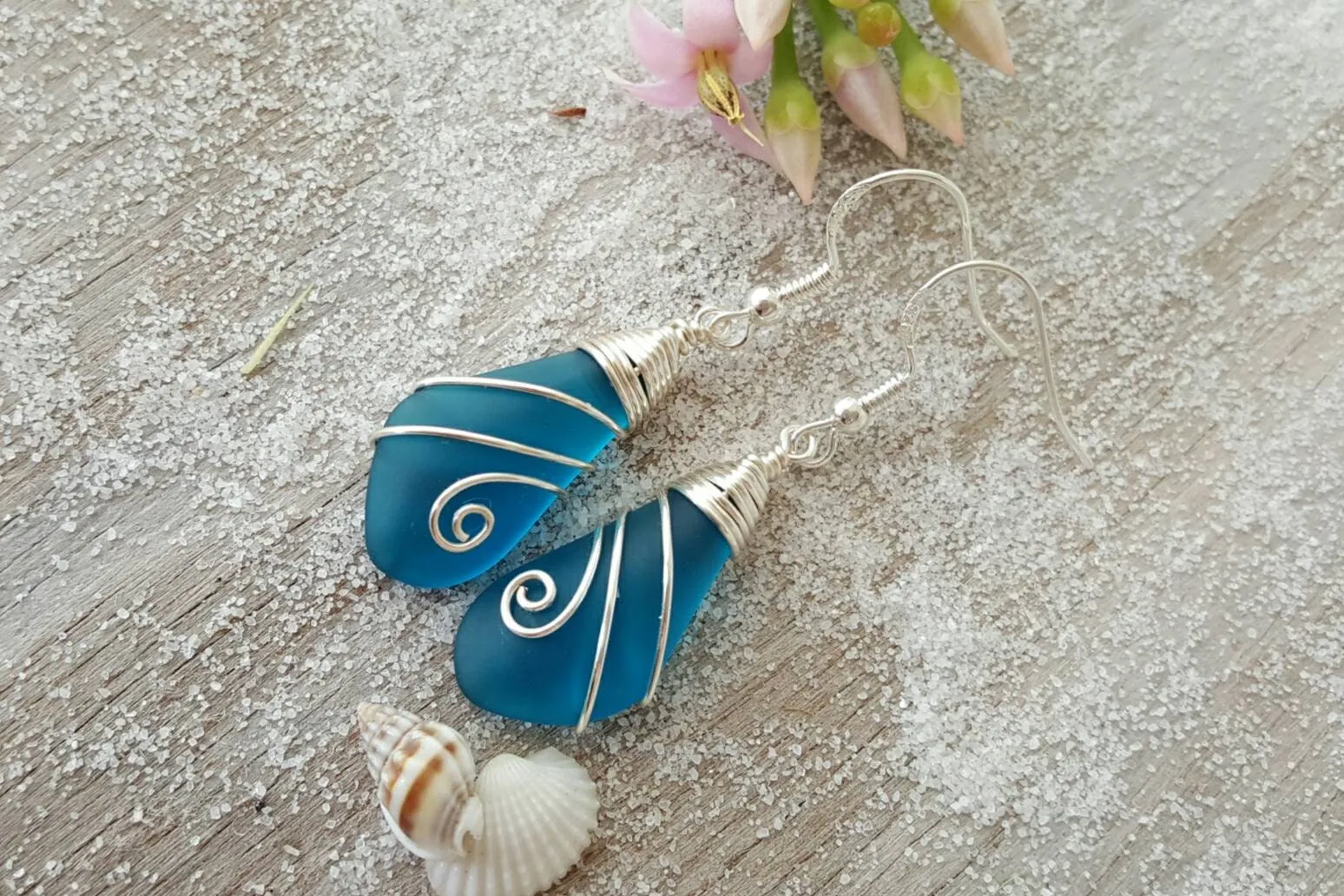 Hawaiian Jewelry Sea Glass Earrings, Wire Wrapped Earrings Teal Earrings, Beach Jewelry For Women, Unique Earrings Sea Glass Jewelry