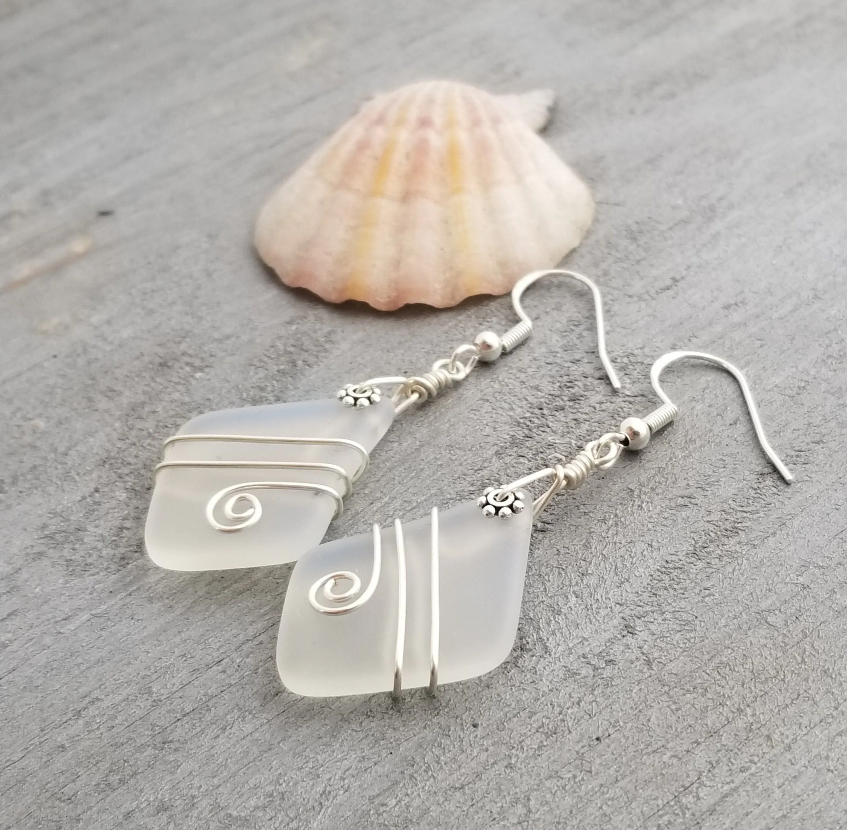 Hawaiian Jewelry Sea Glass Earrings, Wire Wrapped Moonstone Earrings, Unique Sea Glass Jewelry Birthday Gift For Women (June Birthstone)