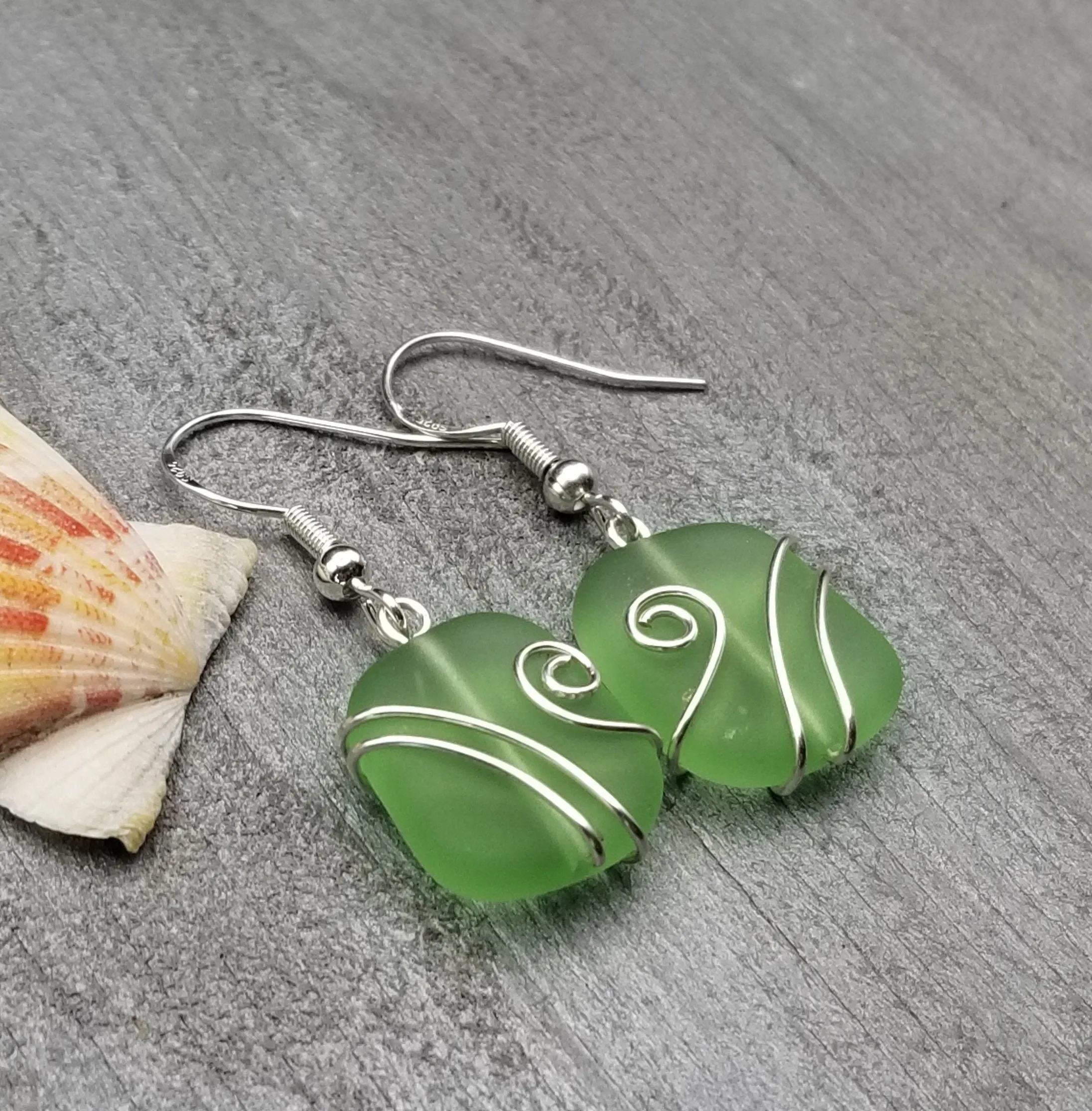 Hawaiian Jewelry Sea Glass Earrings, Wire Wrapped Peridot Green Earrings, Sea Glass Jewelry Birthday Gift (August Birthstone Jewelry)