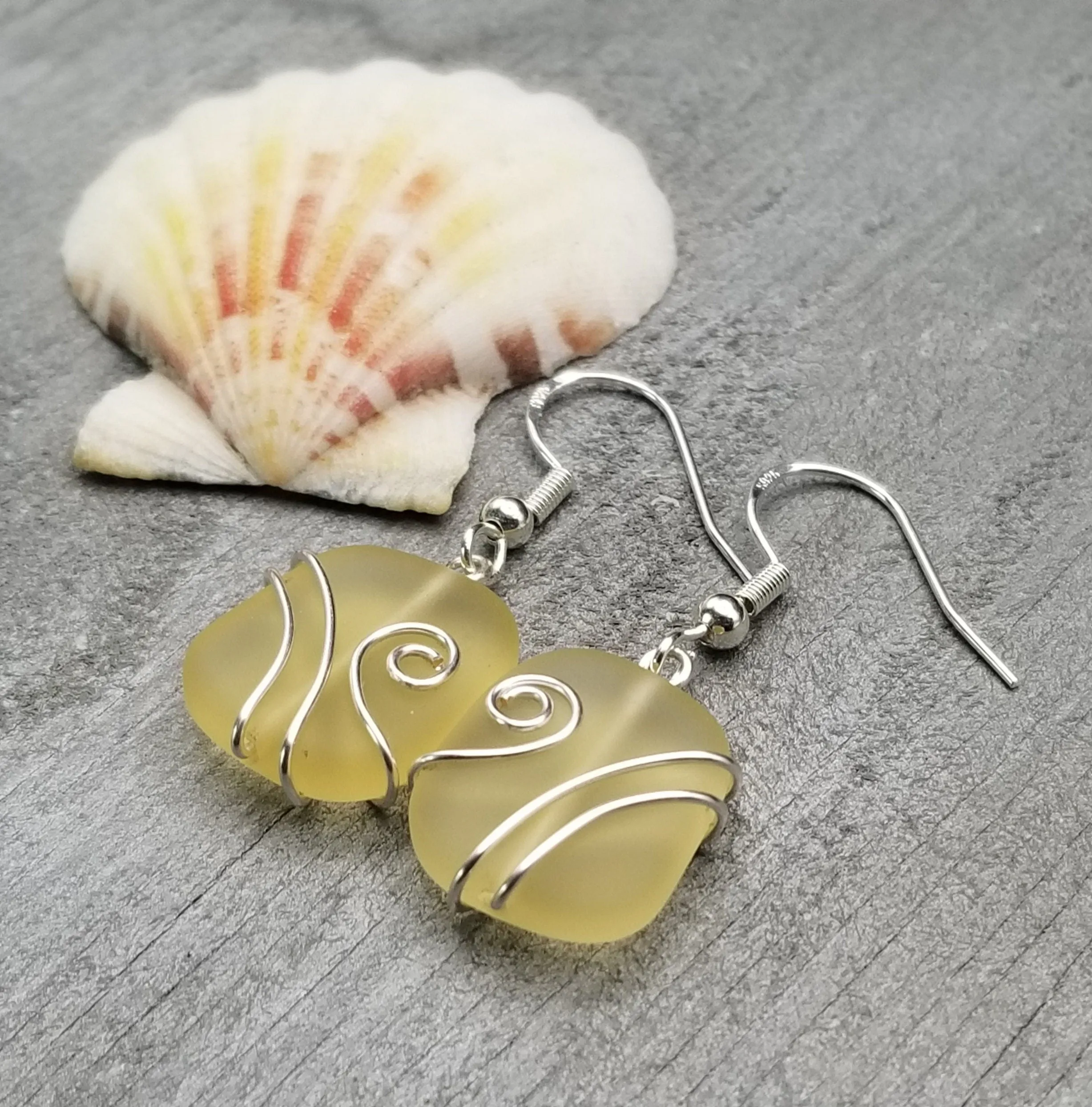 Hawaiian Jewelry Sea Glass Earrings, Wire Wrapped Yellow Earrings, Sea Glass Jewelry Birthday Gift (November Birthstone Jewelry)