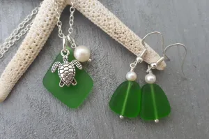 Hawaiian Jewelry Sea Glass Jewelry Set For Women, Emerald Pearl Turtle Necklace Earrings Beach Jewelry Set Birthday Gift (May Birthstone)