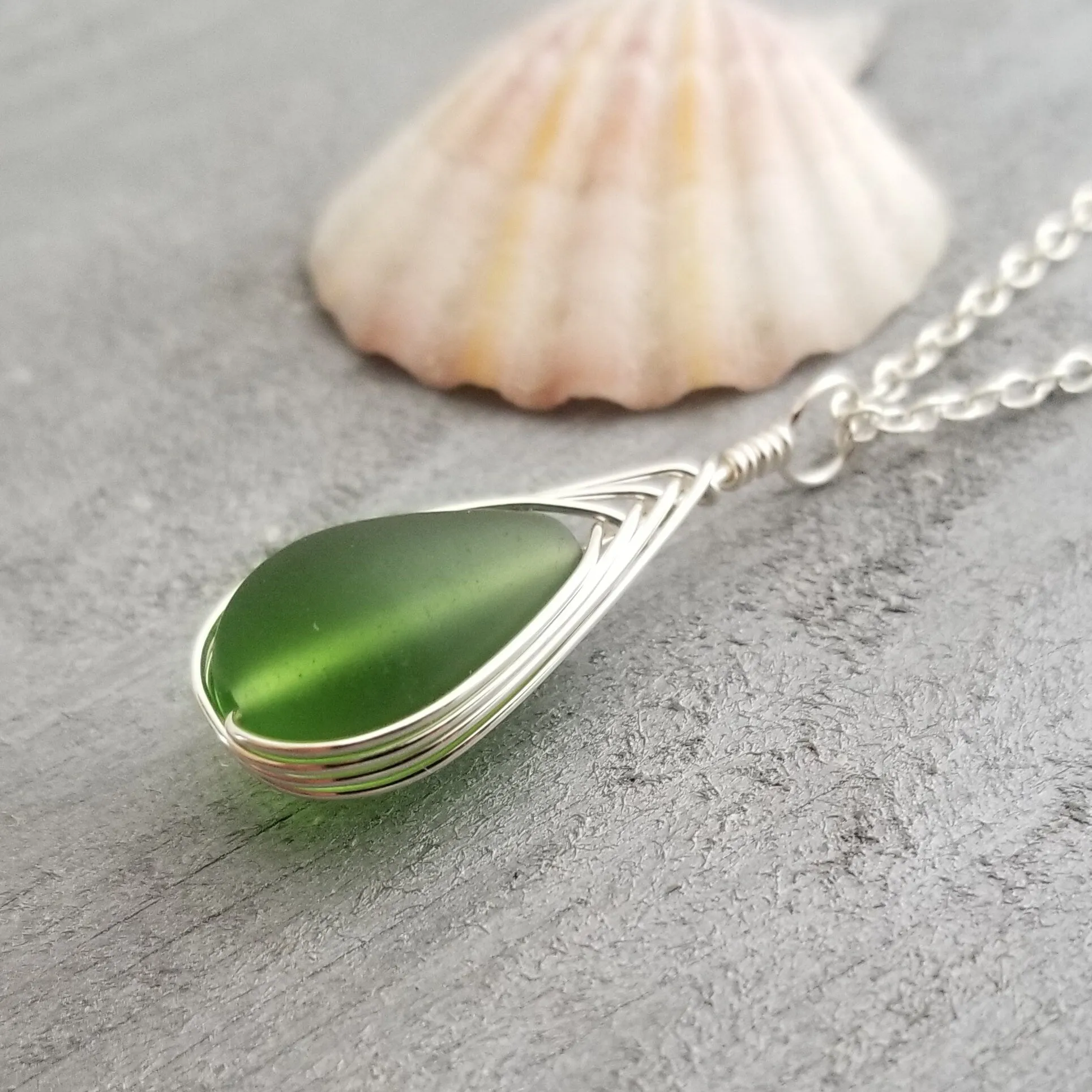 Hawaiian Jewelry Sea Glass Necklace, Braided Emerald Necklace Green Necklace Teardrop Necklace, Sea Glass Jewelry (May Birthstone Jewelry)