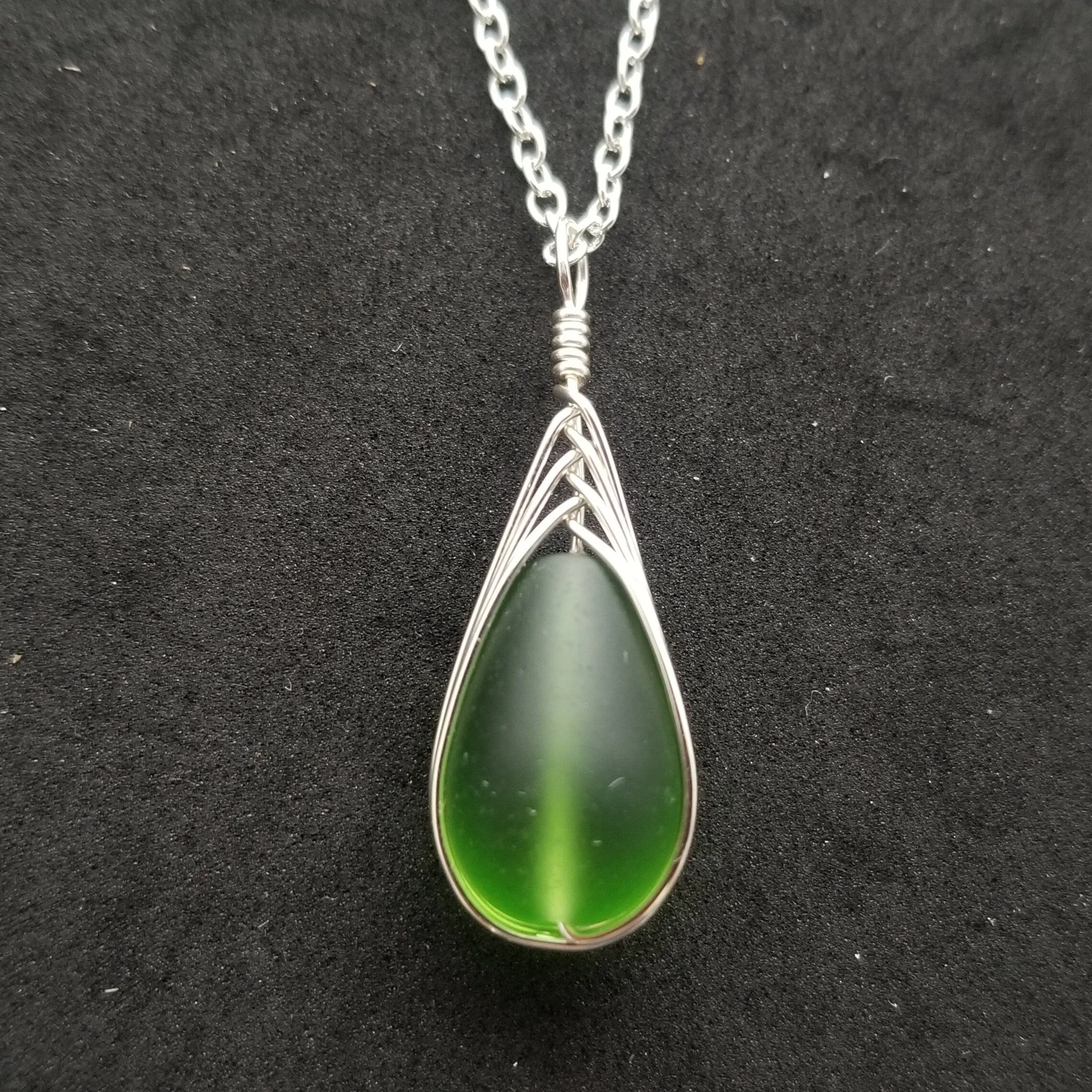 Hawaiian Jewelry Sea Glass Necklace, Braided Emerald Necklace Green Necklace Teardrop Necklace, Sea Glass Jewelry (May Birthstone Jewelry)