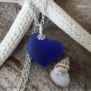 Hawaiian Jewelry Sea Glass Necklace, Cobalt Blue Necklace Heart Necklace, Sea Glass Jewelry Birthday Gift (September Birthstone Jewelry)