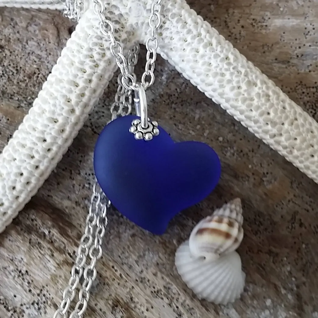 Hawaiian Jewelry Sea Glass Necklace, Cobalt Blue Necklace Heart Necklace, Sea Glass Jewelry Birthday Gift (September Birthstone Jewelry)
