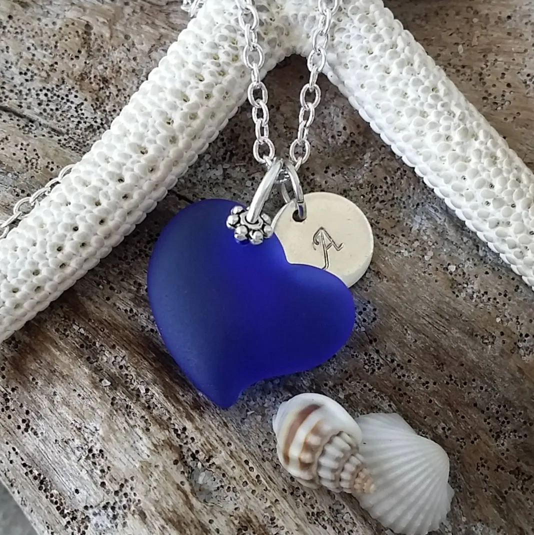 Hawaiian Jewelry Sea Glass Necklace, Cobalt Blue Necklace Heart Necklace, Sea Glass Jewelry Birthday Gift (September Birthstone Jewelry)