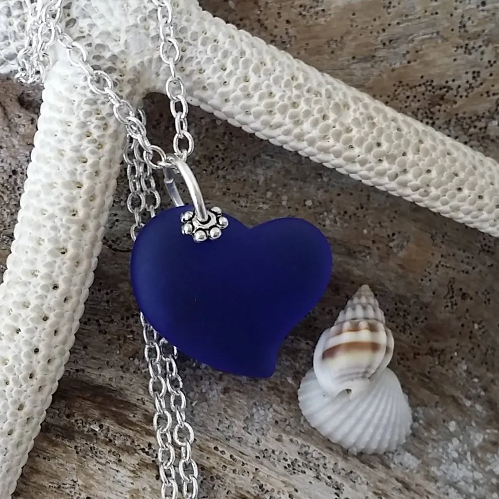 Hawaiian Jewelry Sea Glass Necklace, Cobalt Blue Necklace Heart Necklace, Sea Glass Jewelry Birthday Gift (September Birthstone Jewelry)