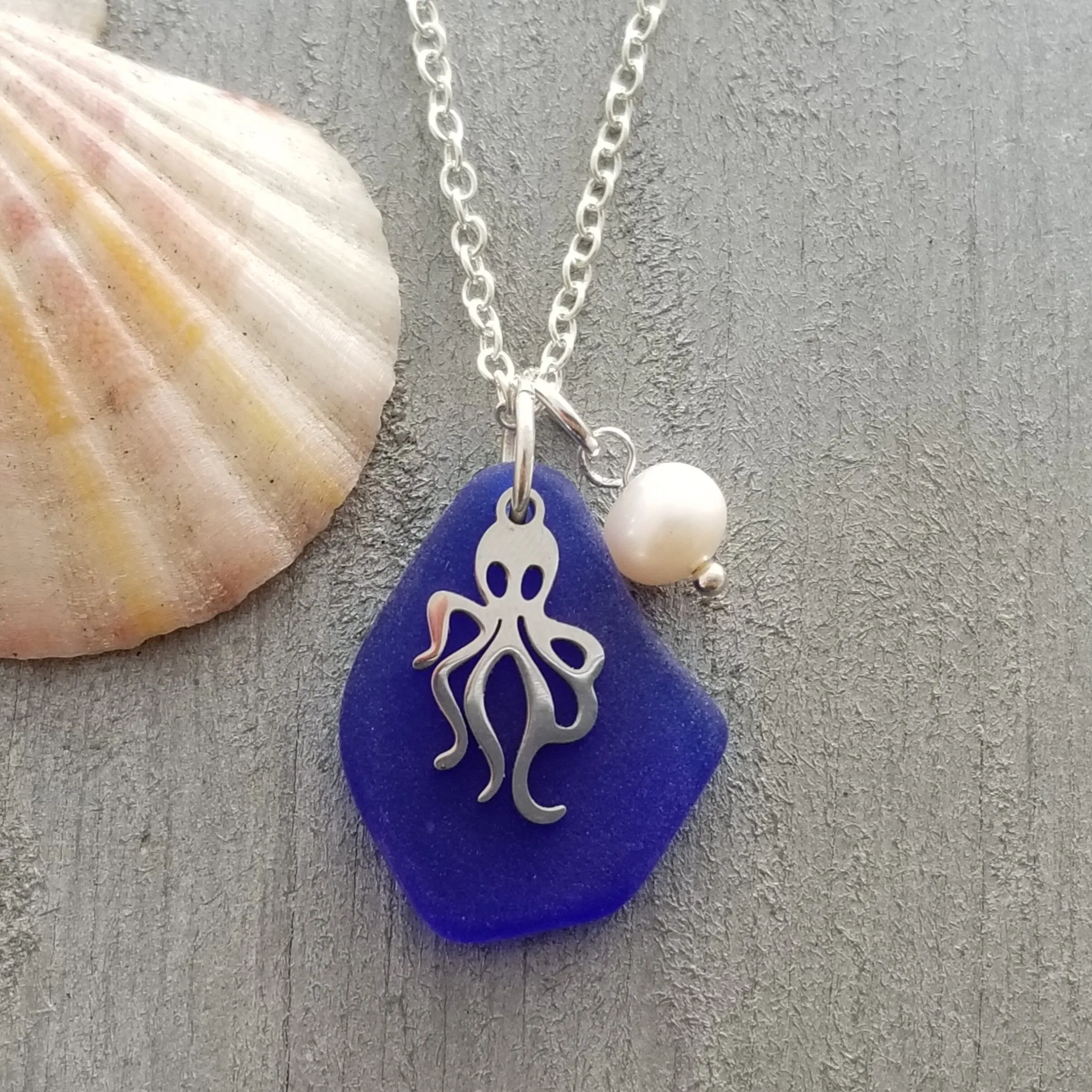 Hawaiian Jewelry Sea Glass Necklace, Cobalt Blue Necklace Pearl Kraken Octopus Necklace, Beach Sea Glass Jewelry (September Birthstone Gift)