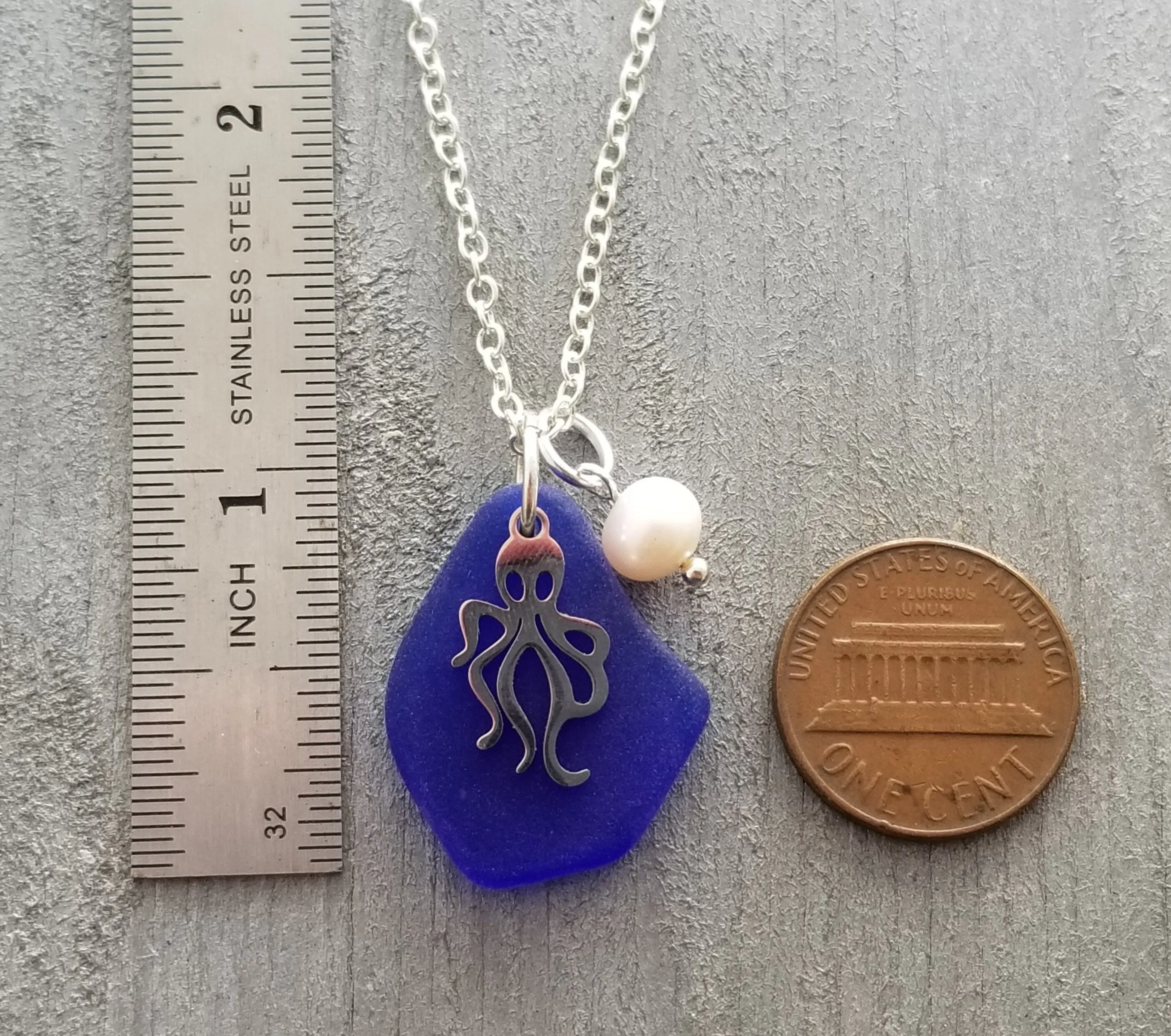 Hawaiian Jewelry Sea Glass Necklace, Cobalt Blue Necklace Pearl Kraken Octopus Necklace, Beach Sea Glass Jewelry (September Birthstone Gift)
