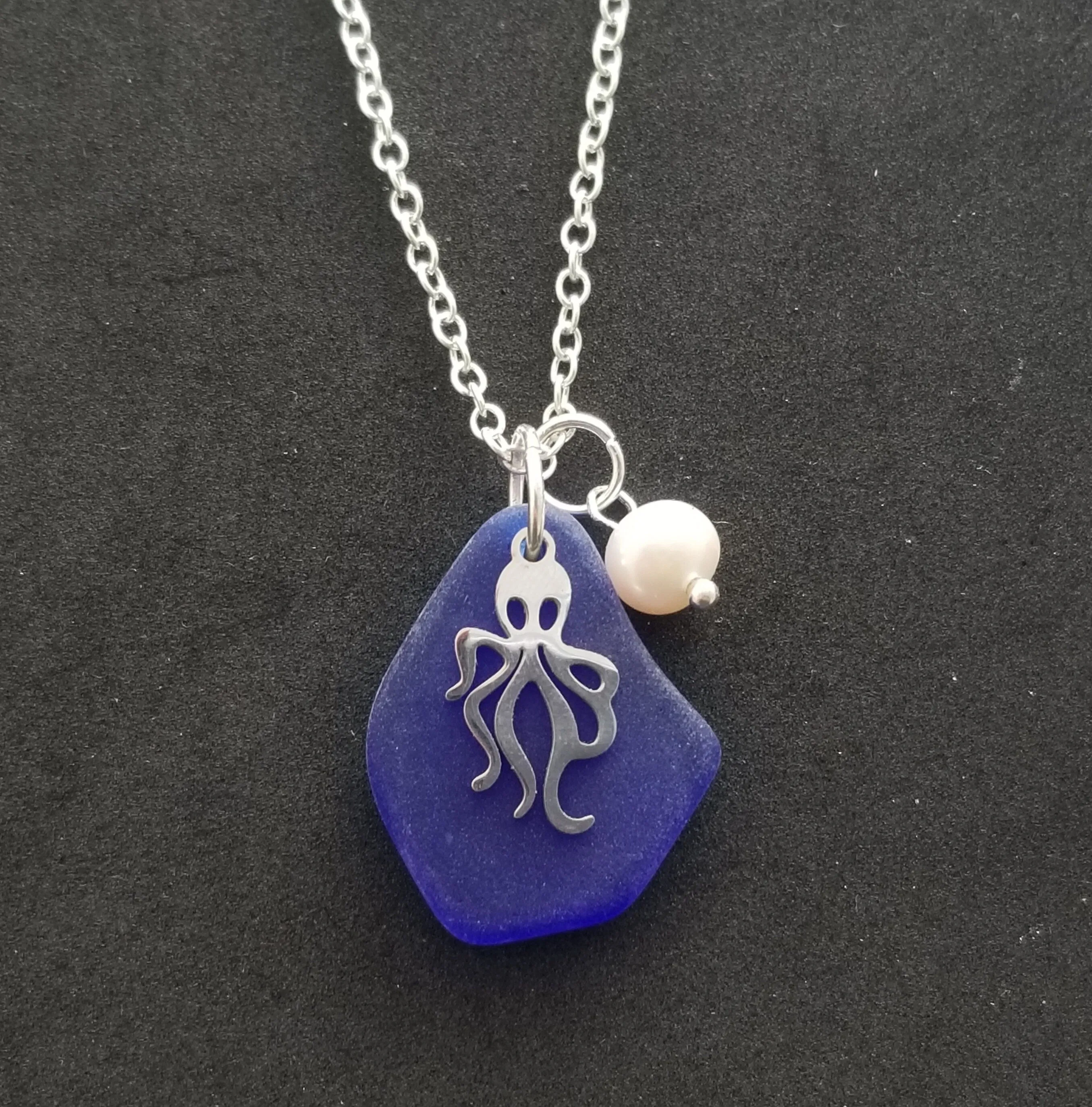 Hawaiian Jewelry Sea Glass Necklace, Cobalt Blue Necklace Pearl Kraken Octopus Necklace, Beach Sea Glass Jewelry (September Birthstone Gift)