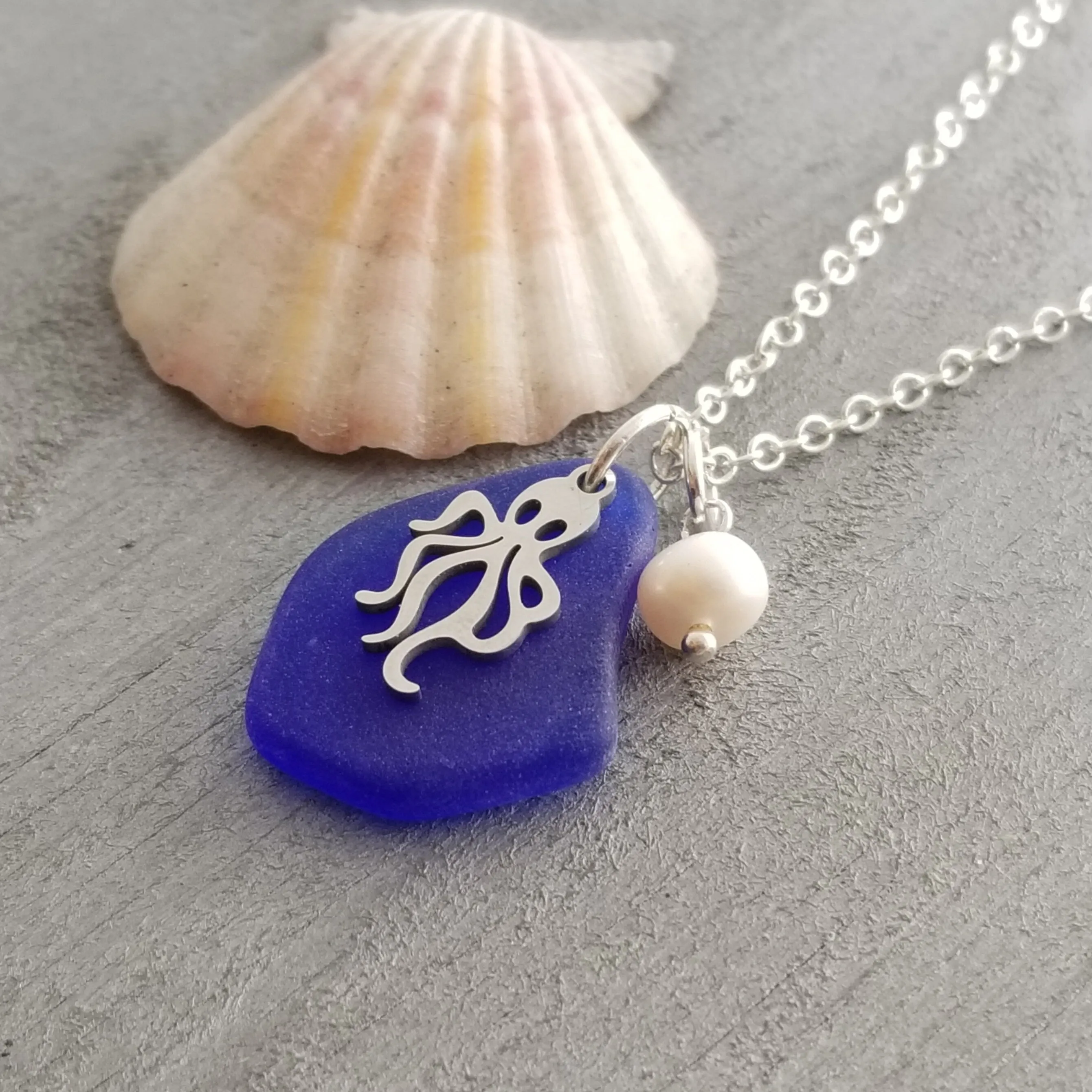 Hawaiian Jewelry Sea Glass Necklace, Cobalt Blue Necklace Pearl Kraken Octopus Necklace, Beach Sea Glass Jewelry (September Birthstone Gift)