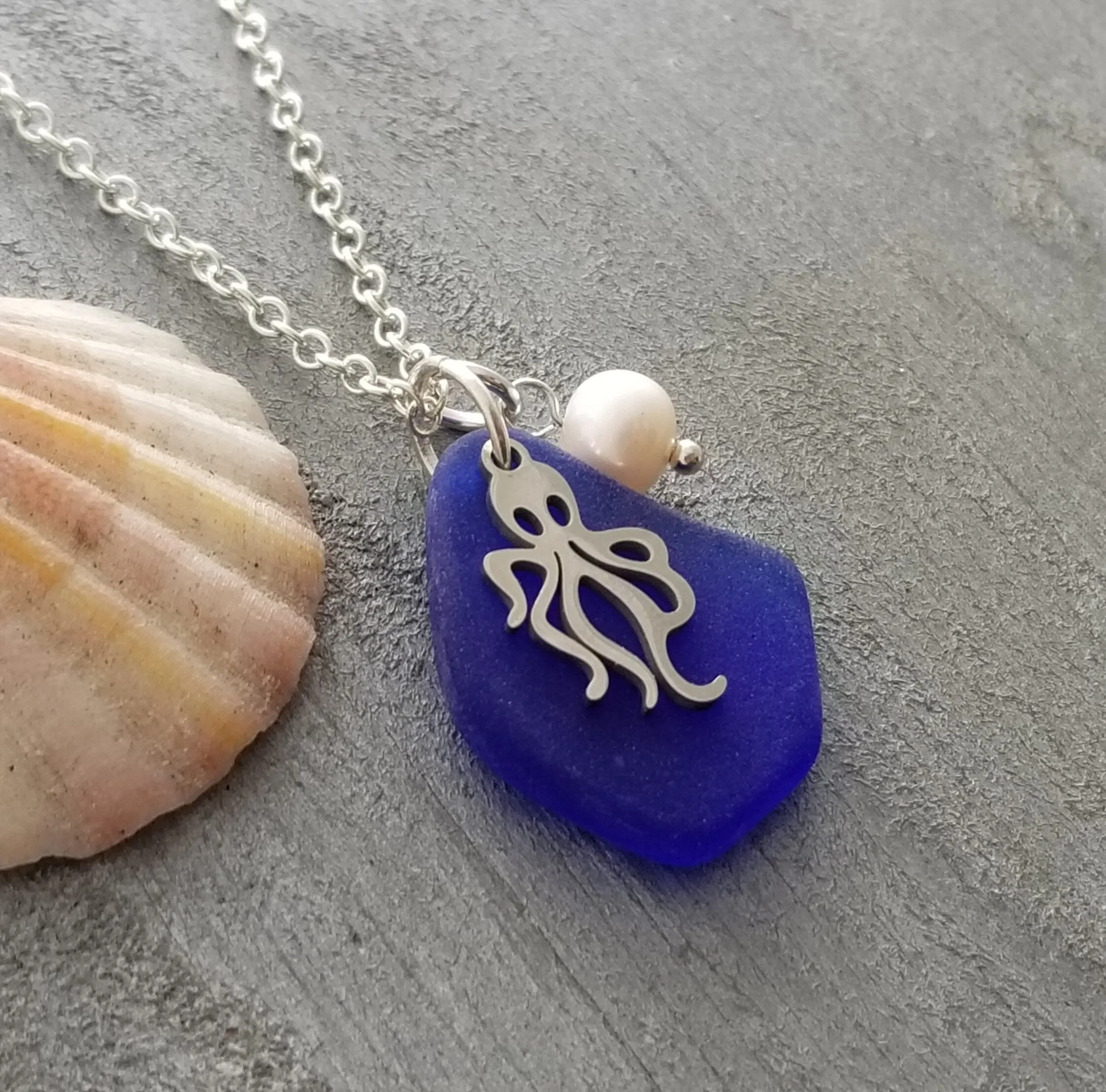 Hawaiian Jewelry Sea Glass Necklace, Cobalt Blue Necklace Pearl Kraken Octopus Necklace, Beach Sea Glass Jewelry (September Birthstone Gift)