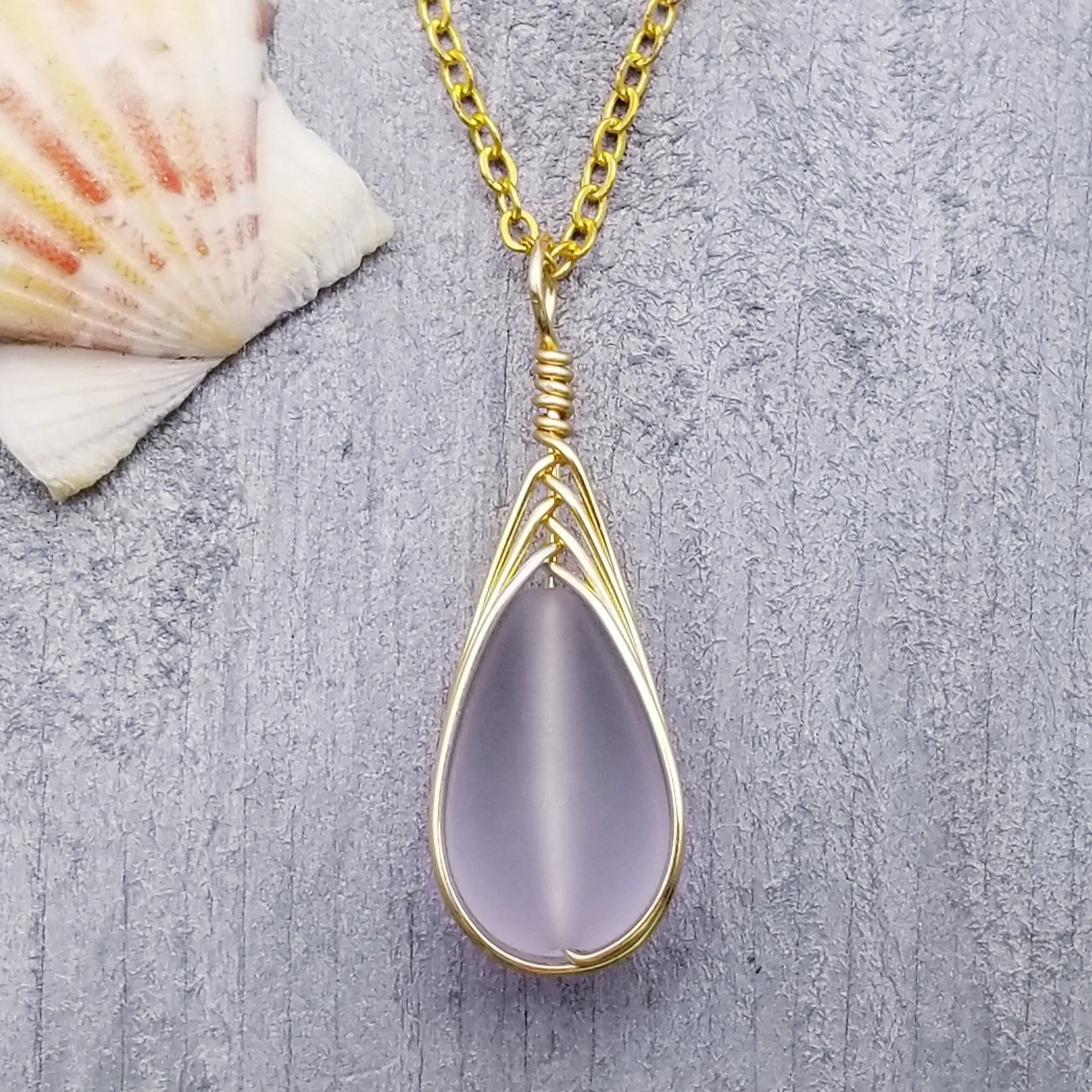 Hawaiian Jewelry Sea Glass Necklace, Gold Braided "Magical Color Changing" Purple Necklace Teardrop Necklace, (February Birthstone Jewelry)