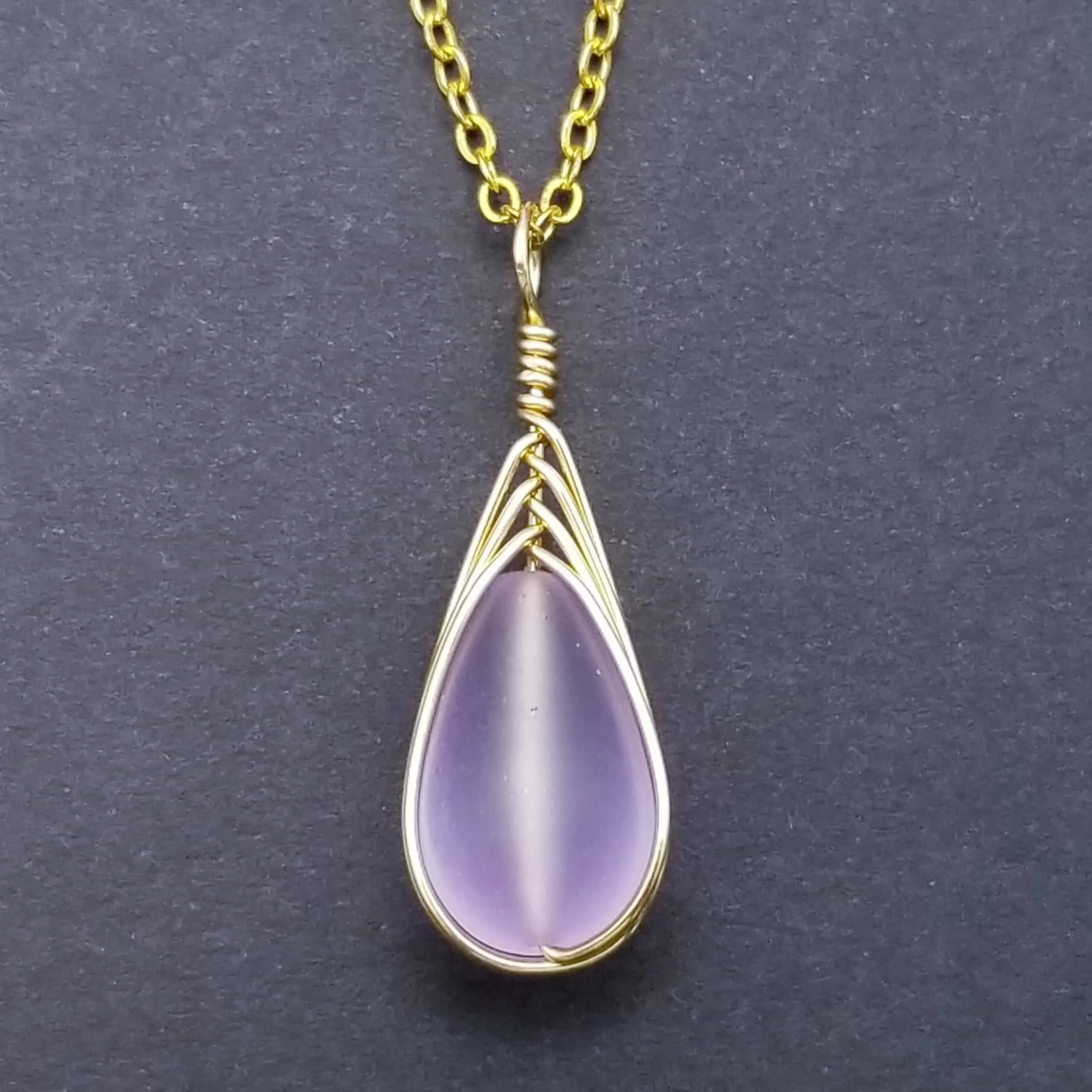Hawaiian Jewelry Sea Glass Necklace, Gold Braided "Magical Color Changing" Purple Necklace Teardrop Necklace, (February Birthstone Jewelry)