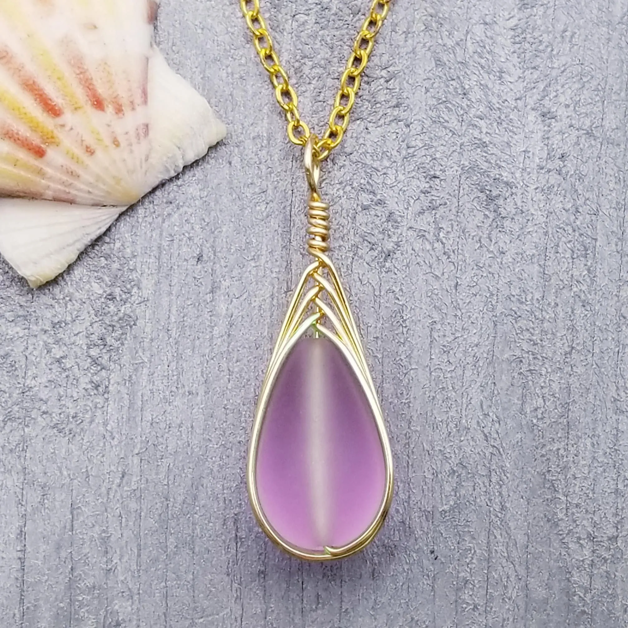 Hawaiian Jewelry Sea Glass Necklace, Gold Braided "Magical Color Changing" Purple Necklace Teardrop Necklace, (February Birthstone Jewelry)