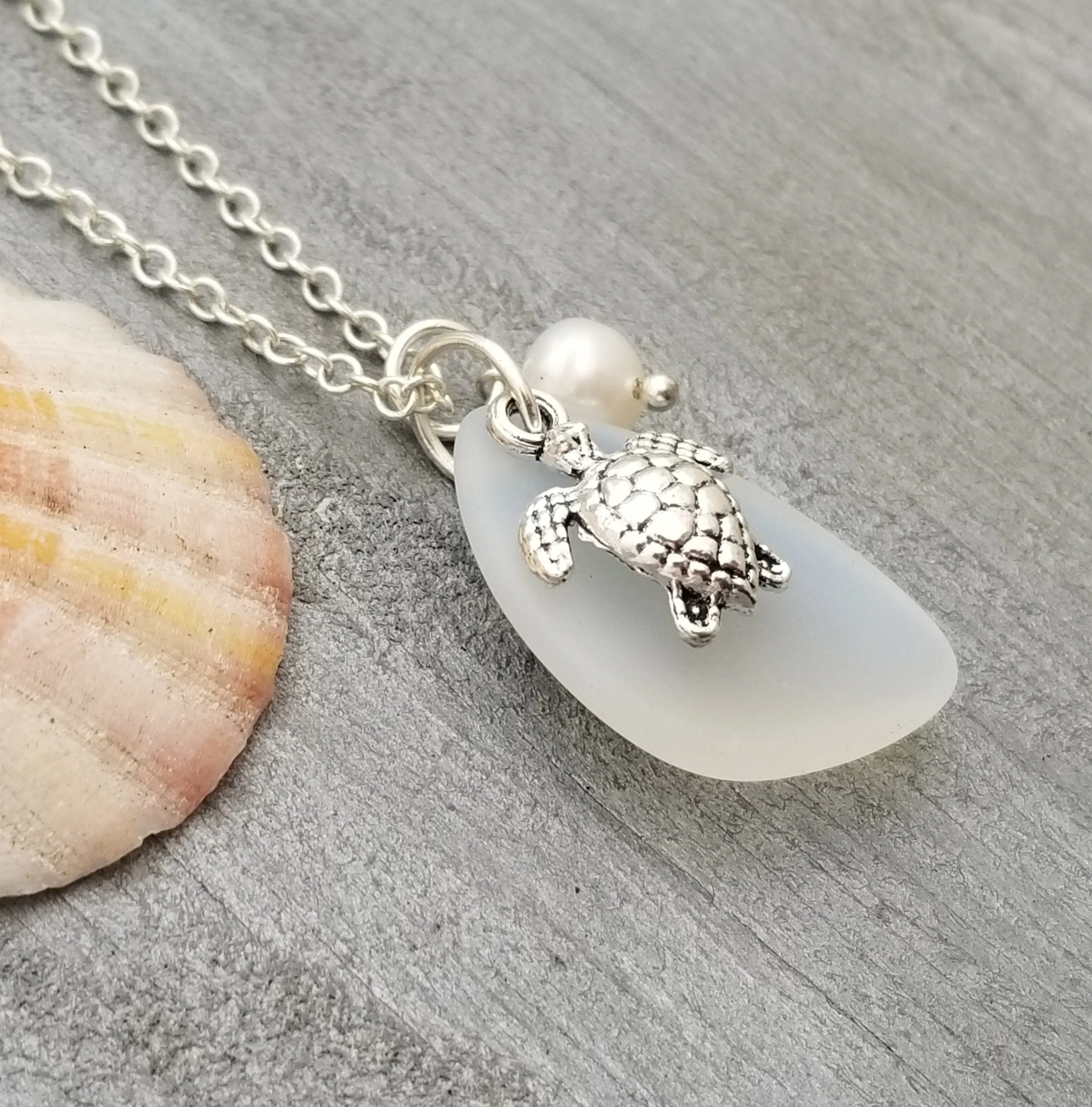 Hawaiian Jewelry Sea Glass Necklace,  Moonstone Necklace Turtle Necklace Pearl Necklace, Sea Glass Jewelry Birthday Gift (June Birthstone)