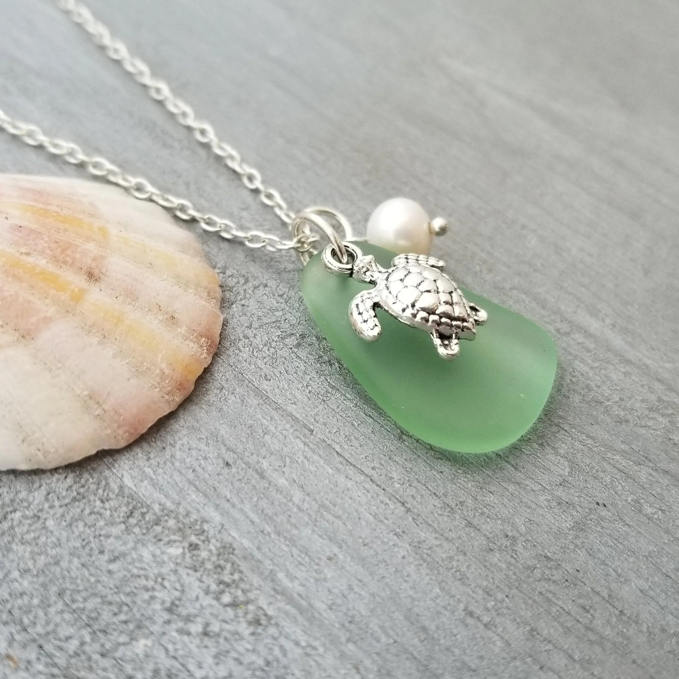 Hawaiian Jewelry Sea Glass Necklace, Peridot Green Necklace Turtle Necklace, Sea Glass Jewelry For Women Beachy Girls (August Birthstone)
