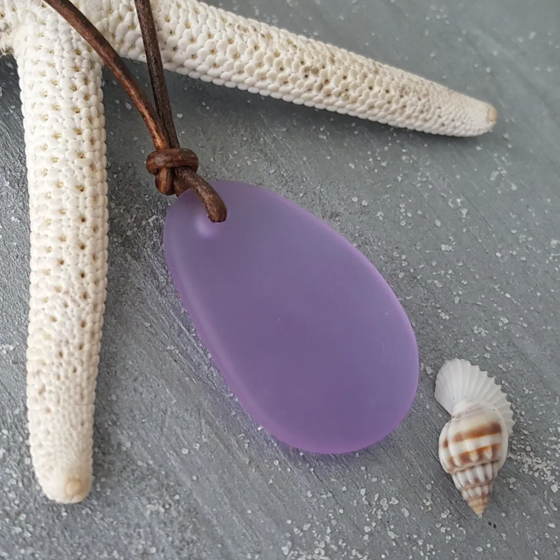 Hawaiian Jewelry Sea Glass Necklace, "Magical Color Changing" Purple Necklace Leather Cord Necklace, Unisex Jewelry (February Birthstone)