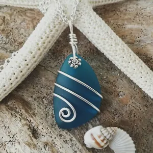 Hawaiian Jewelry Sea Glass Necklace, Unique Wire Wrapped Necklace Teal Necklace Handmade Necklace Beach Jewelry Sea Glass Jewelry For Women