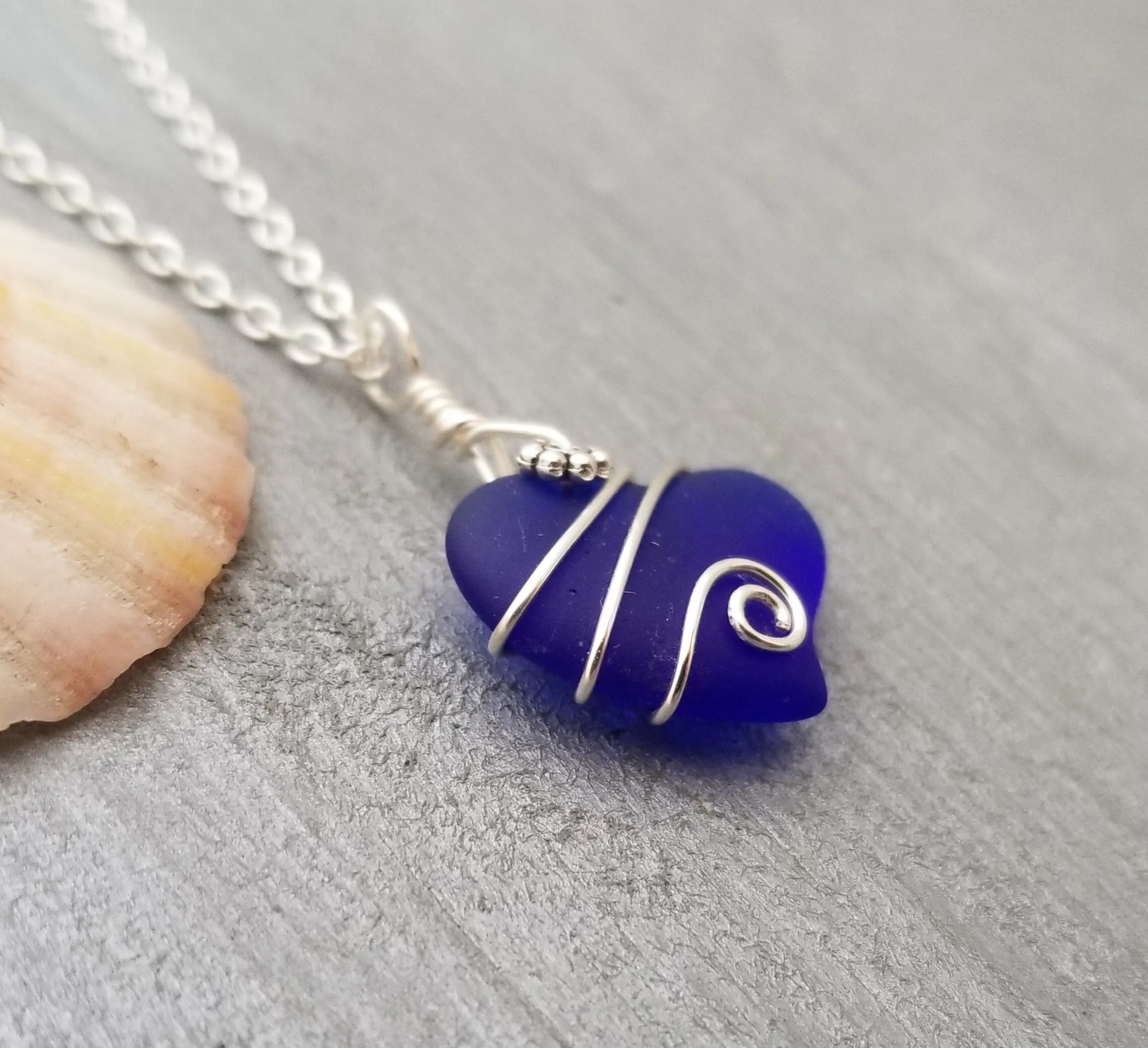 Hawaiian Jewelry Sea Glass Necklace, Wire Cobalt Blue Necklace Heart Necklace, Beach Jewelry Birthday Gift For Women (September Birthstone)