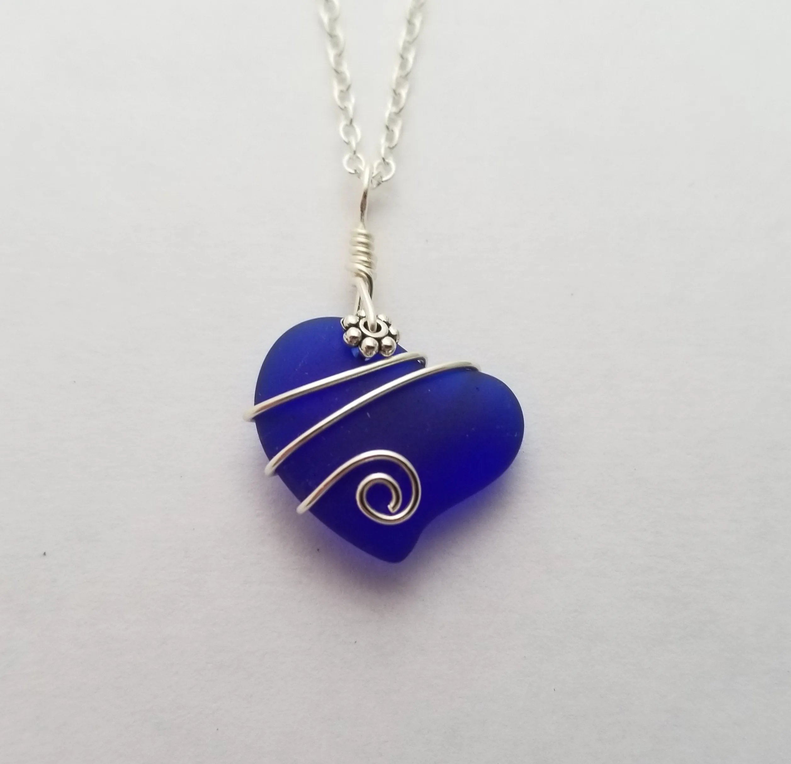 Hawaiian Jewelry Sea Glass Necklace, Wire Cobalt Blue Necklace Heart Necklace, Beach Jewelry Birthday Gift For Women (September Birthstone)
