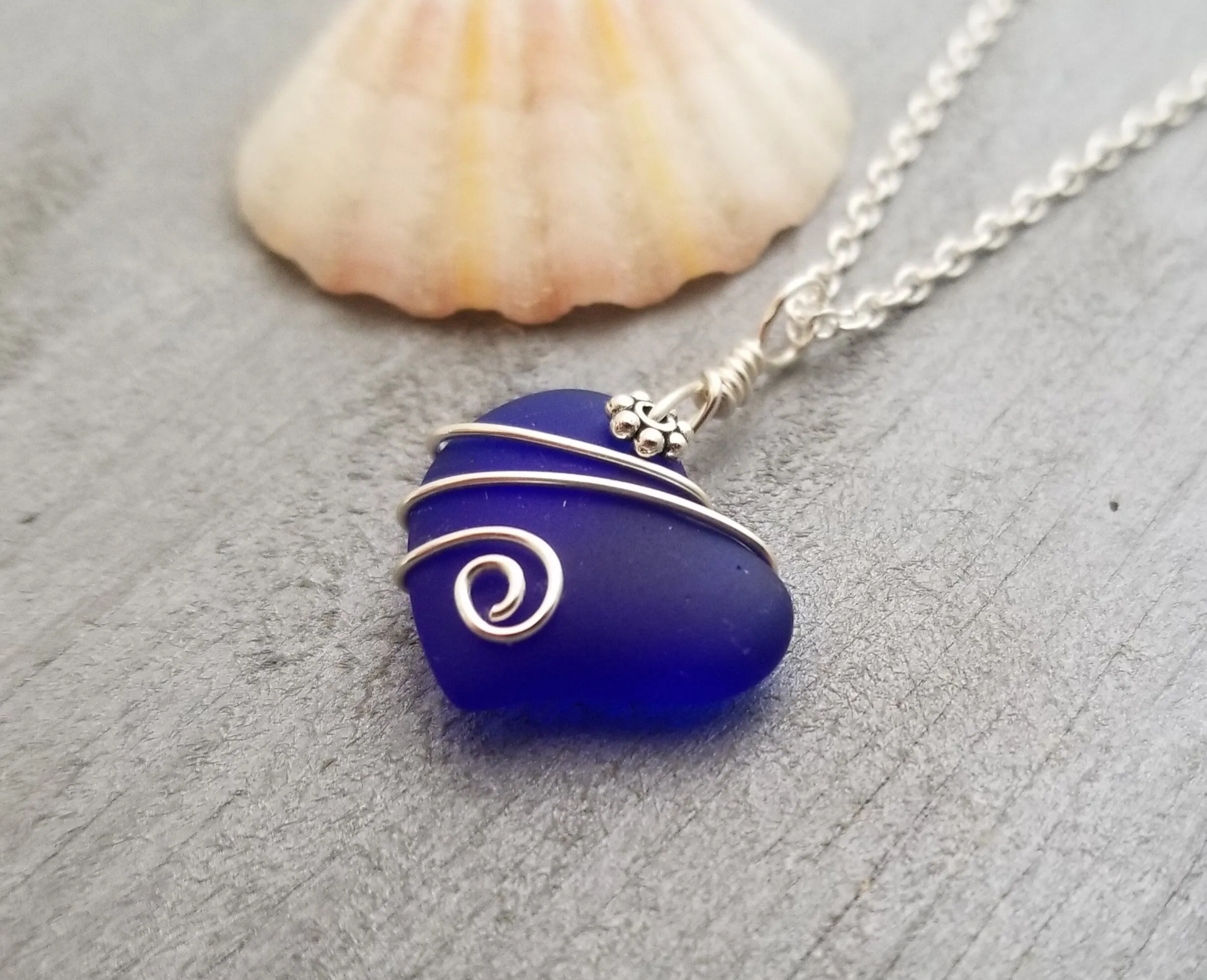 Hawaiian Jewelry Sea Glass Necklace, Wire Cobalt Blue Necklace Heart Necklace, Beach Jewelry Birthday Gift For Women (September Birthstone)
