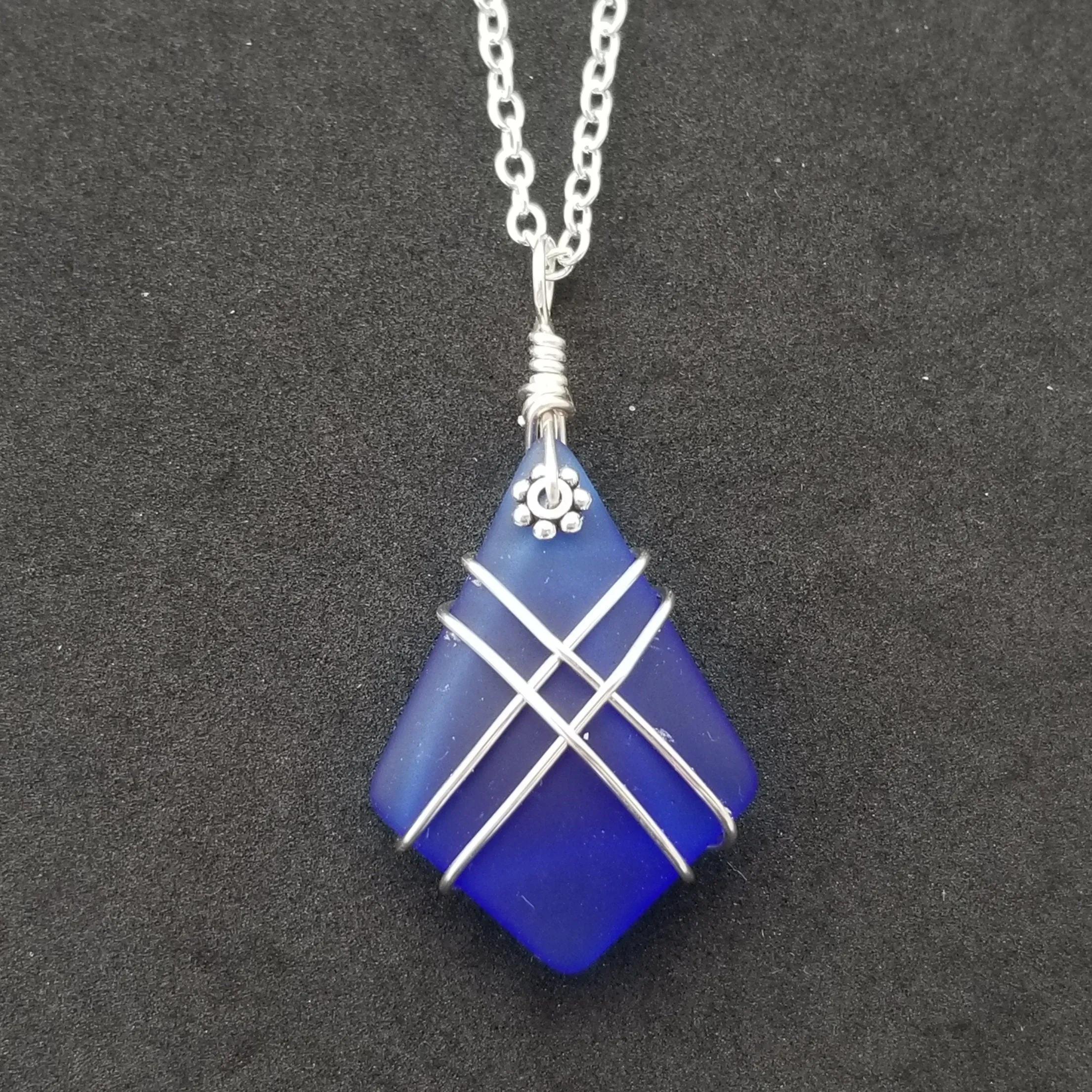 Hawaiian Jewelry Sea Glass Necklace, Wire Cross Necklace Cobalt Blue Necklace, Sea Glass Jewelry Birthday Gifts (September Birthstone Gift)
