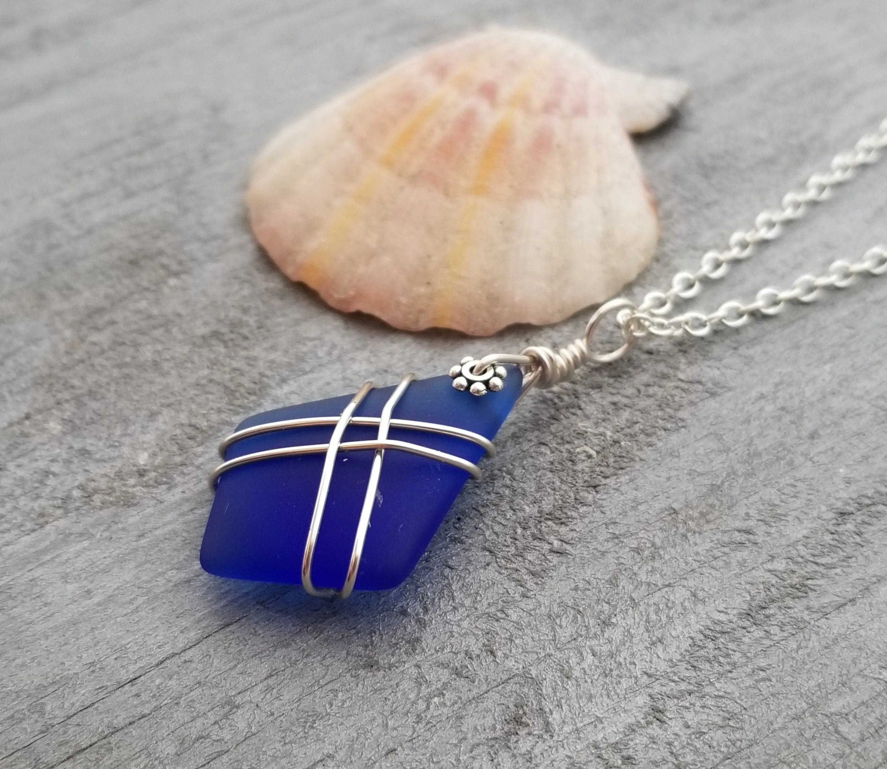 Hawaiian Jewelry Sea Glass Necklace, Wire Cross Necklace Cobalt Blue Necklace, Sea Glass Jewelry Birthday Gifts (September Birthstone Gift)