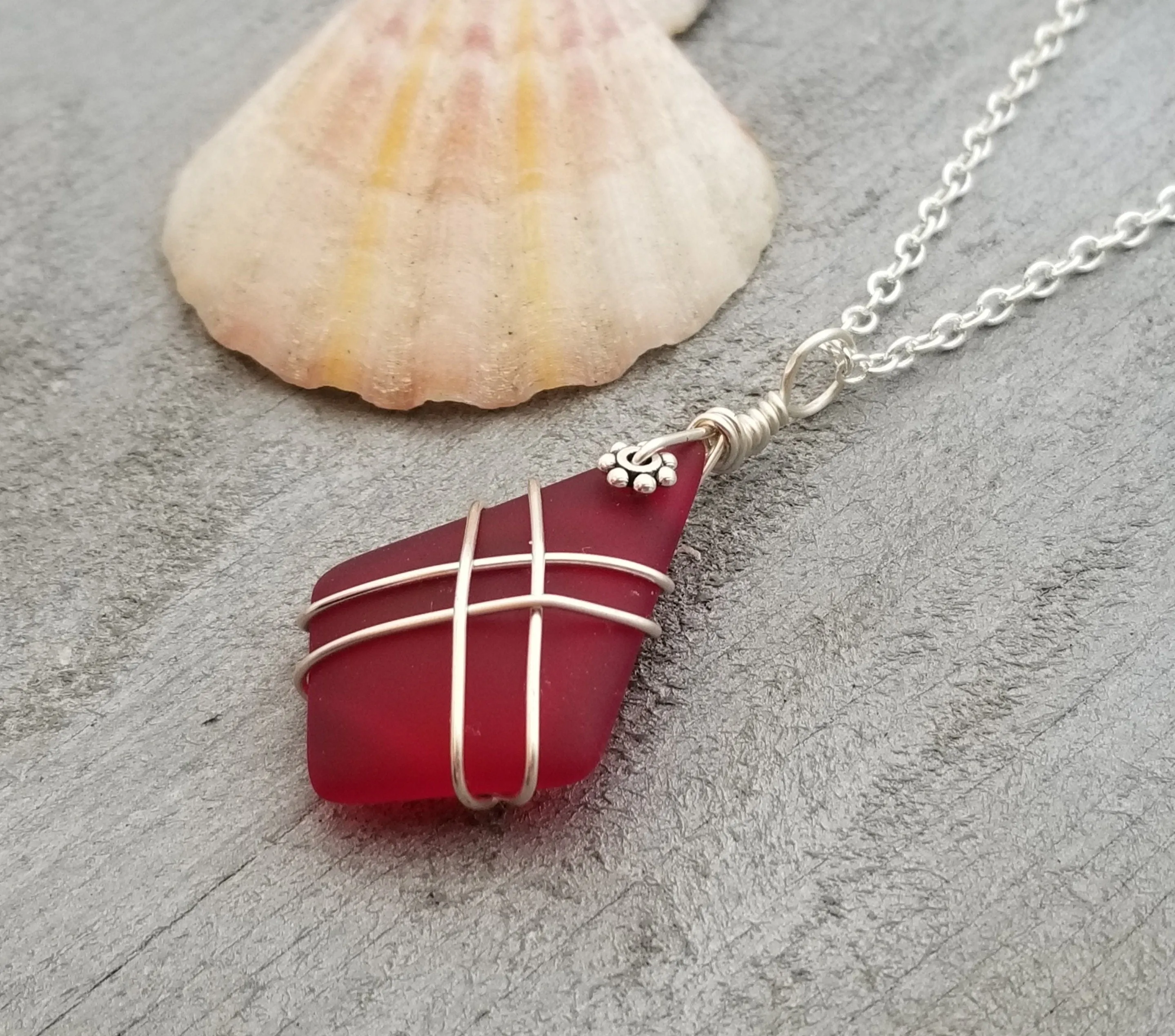 Hawaiian Jewelry Sea Glass Necklace, Wire Cross Necklace Red Necklace, Sea Glass Jewelry For Women Beach Jewelry (January Birthstone Gift)