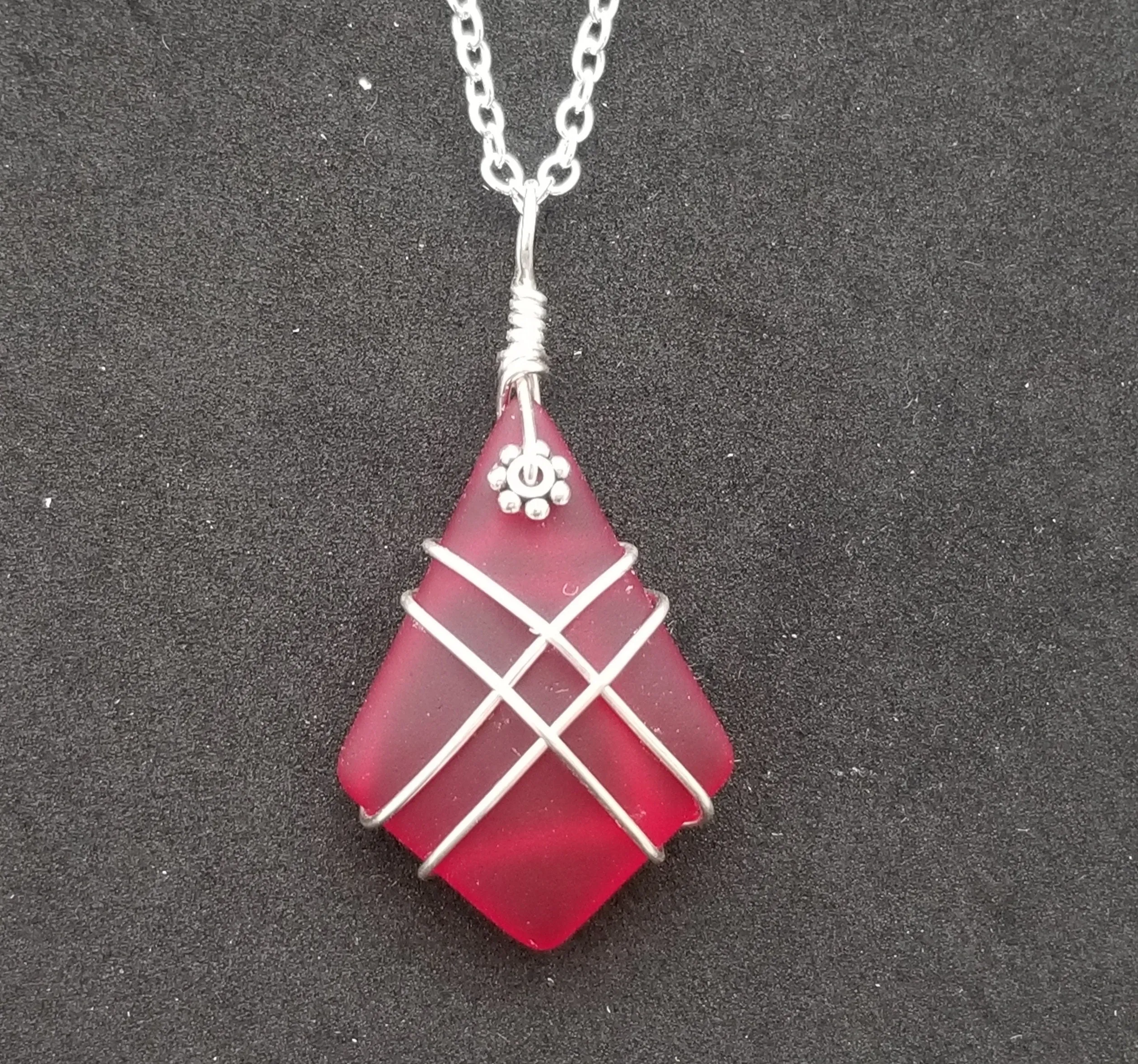Hawaiian Jewelry Sea Glass Necklace, Wire Cross Necklace Red Necklace, Sea Glass Jewelry For Women Beach Jewelry (January Birthstone Gift)