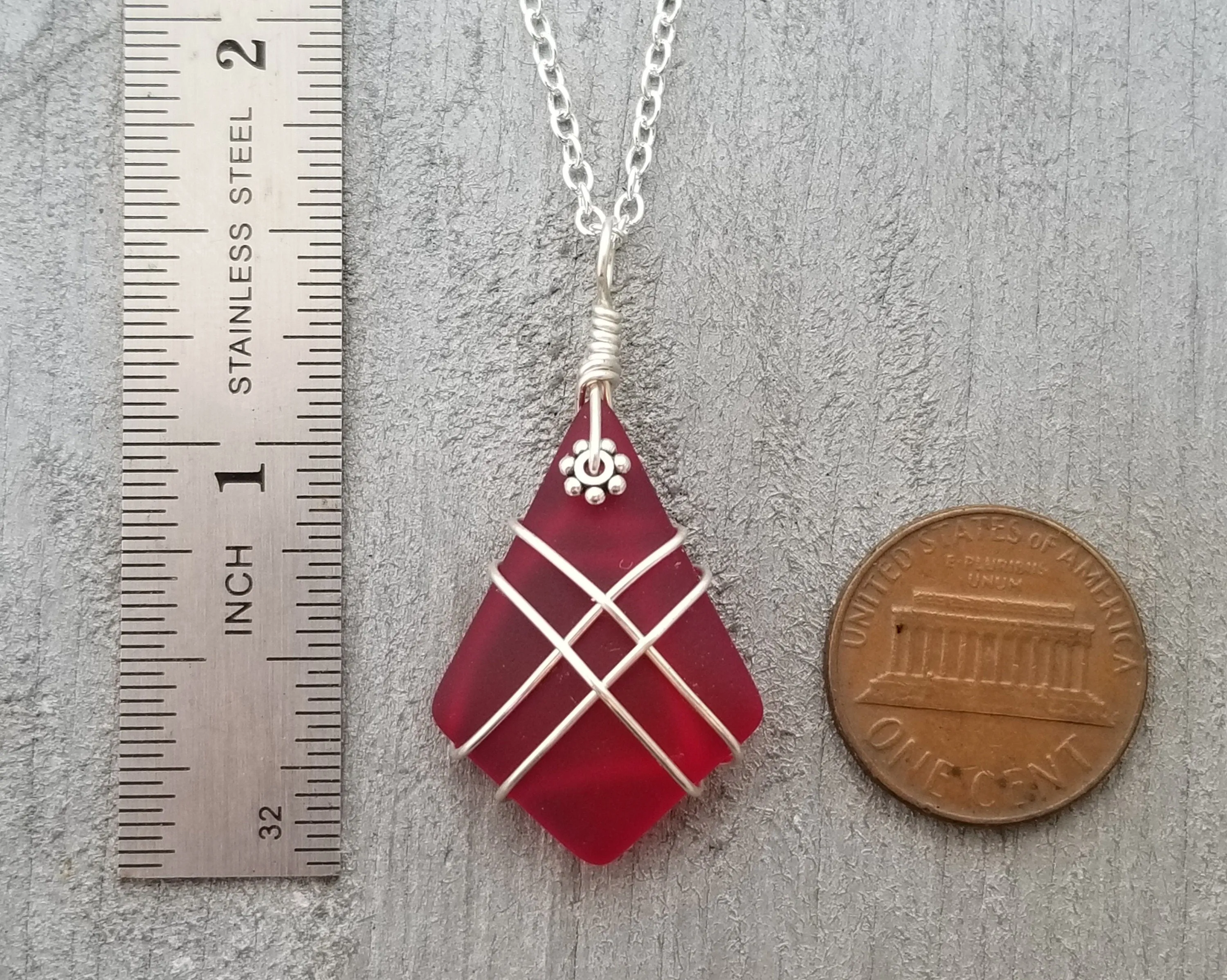 Hawaiian Jewelry Sea Glass Necklace, Wire Cross Necklace Red Necklace, Sea Glass Jewelry For Women Beach Jewelry (January Birthstone Gift)