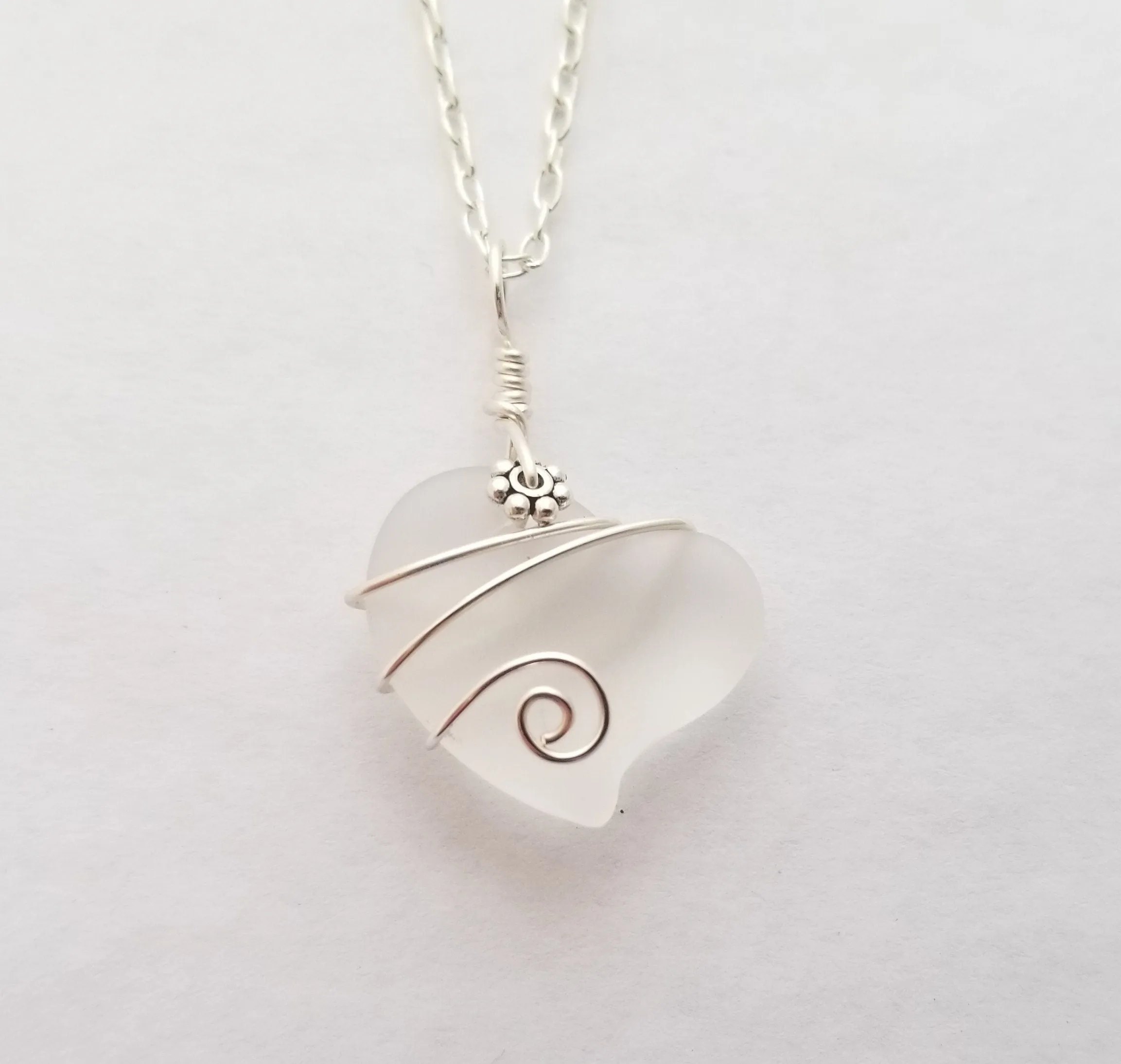 Hawaiian Jewelry Sea Glass Necklace, Wire Heart Necklace Crystal Necklace, Sea Glass Beach Jewelry, Birthday Gift (April Birthstone Jewelry)