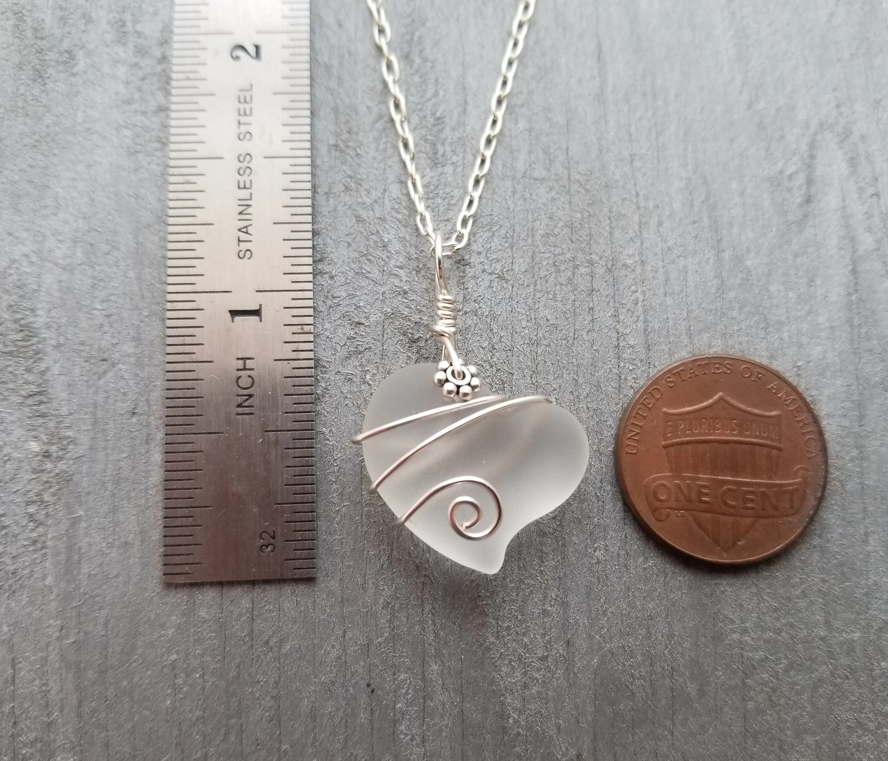 Hawaiian Jewelry Sea Glass Necklace, Wire Heart Necklace Crystal Necklace, Sea Glass Beach Jewelry, Birthday Gift (April Birthstone Jewelry)