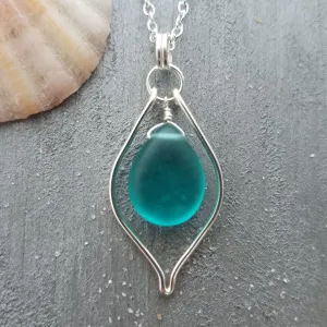 Hawaiian Jewelry Sea Glass Necklace, Wire Loop Teal Necklace Leather Cord Necklace Unique Necklace Beach Jewelry Sea Glass Jewelry For Women