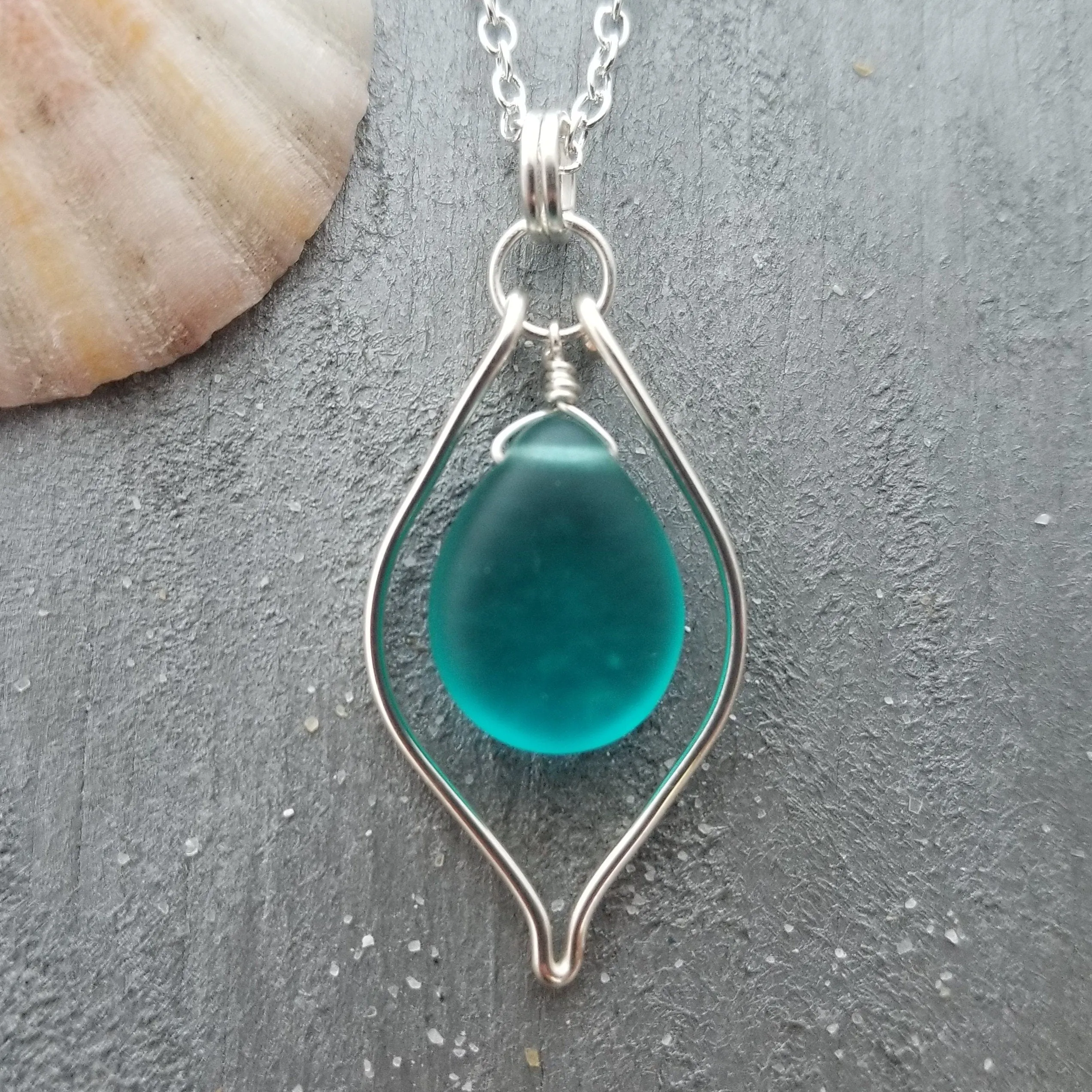 Hawaiian Jewelry Sea Glass Necklace, Wire Loop Teal Necklace Leather Cord Necklace Unique Necklace Beach Jewelry Sea Glass Jewelry For Women