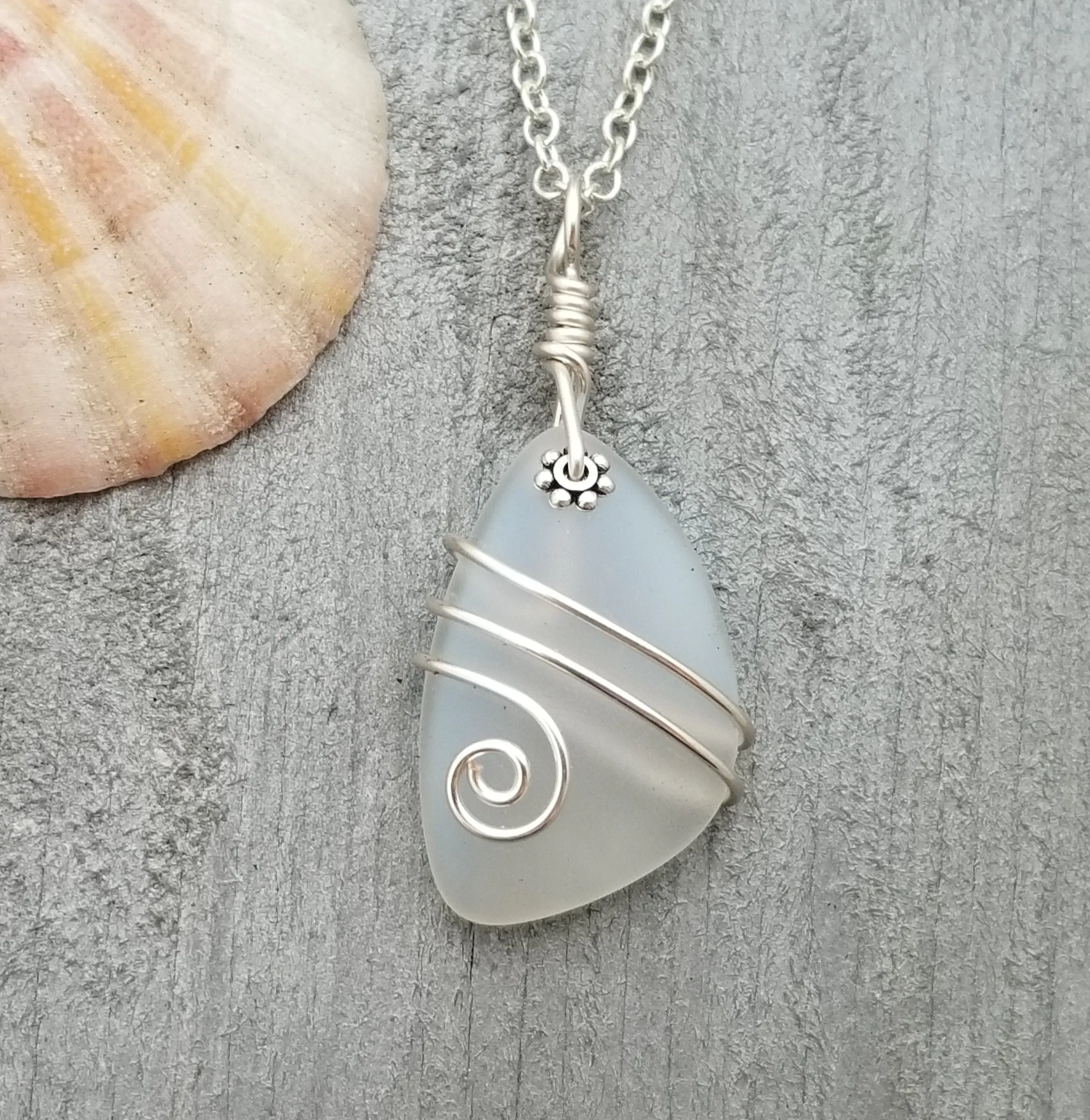 Hawaiian Jewelry Sea Glass Necklace, Wire Moonstone Necklace, Sea Glass Jewelry Beach Jewelry Unique Birthday Gift (June Birthstone Jewelry)
