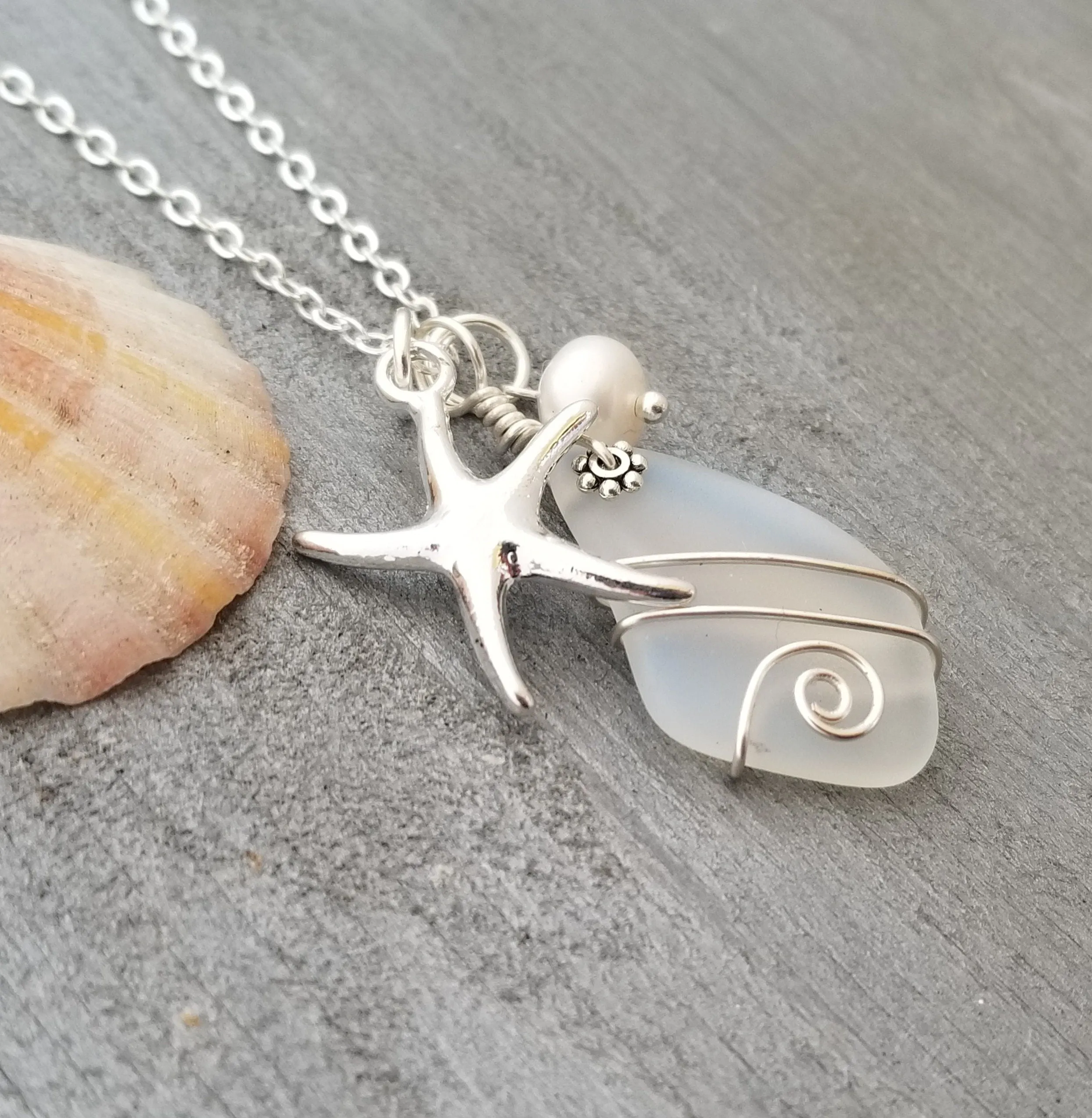 Hawaiian Jewelry Sea Glass Necklace, Wire Moonstone Necklace Starfish Necklace Pearl Necklace, Beach Jewelry For Women (June Birthstone)