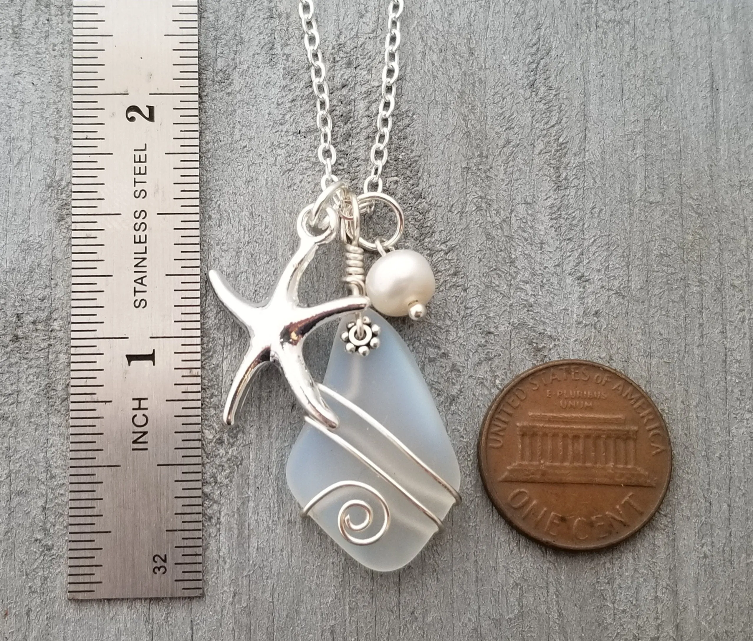 Hawaiian Jewelry Sea Glass Necklace, Wire Moonstone Necklace Starfish Necklace Pearl Necklace, Beach Jewelry For Women (June Birthstone)