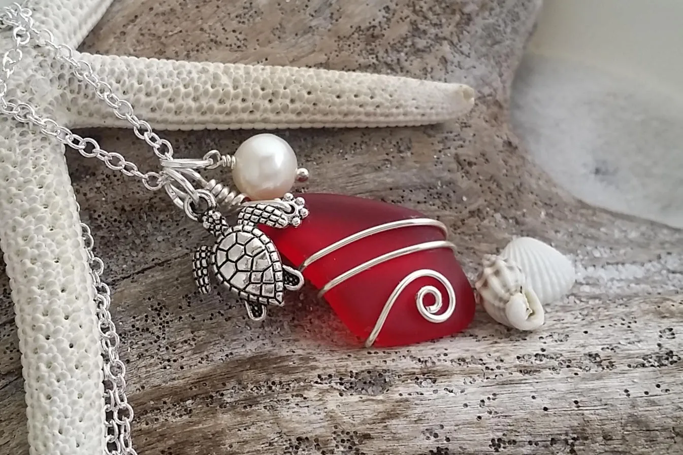 Hawaiian Jewelry Sea Glass Necklace, Wire Red Necklace Turtle Necklace Pearl Necklace, Sea Glass Jewelry Beach Jewelry(January Birthstone)
