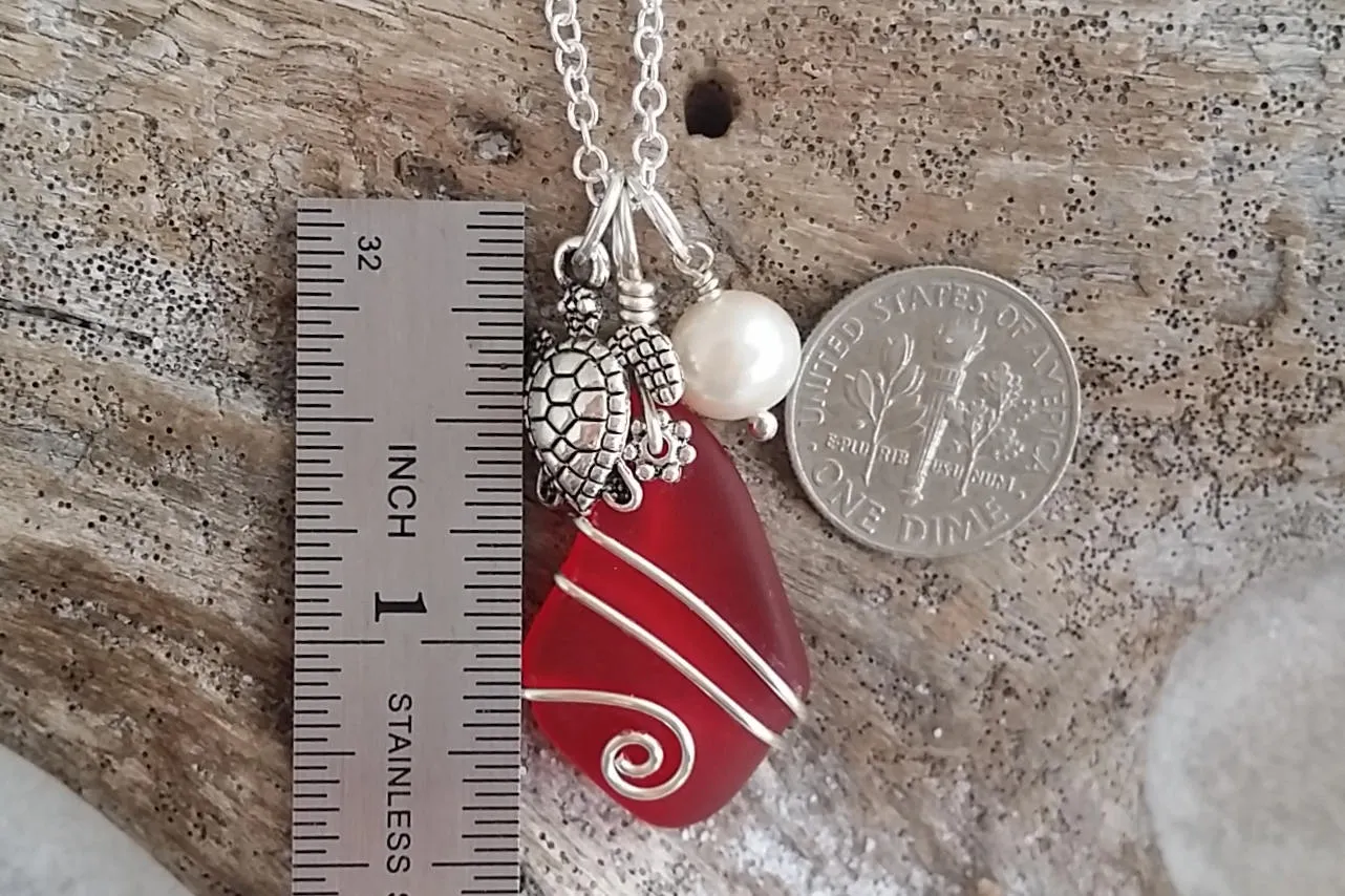 Hawaiian Jewelry Sea Glass Necklace, Wire Red Necklace Turtle Necklace Pearl Necklace, Sea Glass Jewelry Beach Jewelry(January Birthstone)