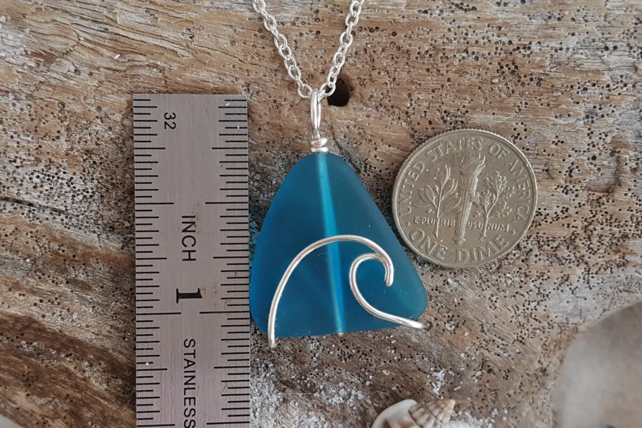 Hawaiian Jewelry Sea Glass Necklace, Wire Wave Necklace Teal Necklace, Unique Necklace Beach Jewelry For Her, Sea Glass Jewelry For Women