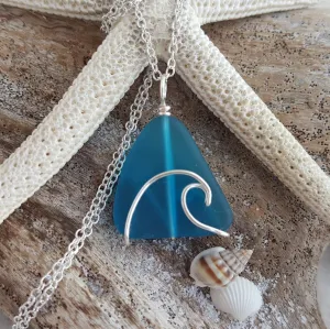 Hawaiian Jewelry Sea Glass Necklace, Wire Wave Necklace Teal Necklace, Unique Necklace Beach Jewelry For Her, Sea Glass Jewelry For Women