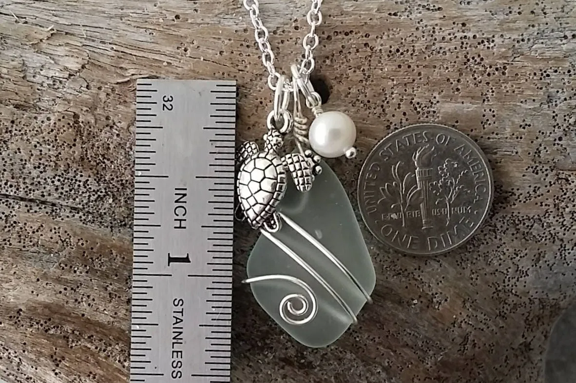 Hawaiian Jewelry Sea Glass Necklace, Wire Wrapped Seafoam Necklace, Pearl Turtle Necklace, Handmade Necklace Sea Glass Jewelry For Women